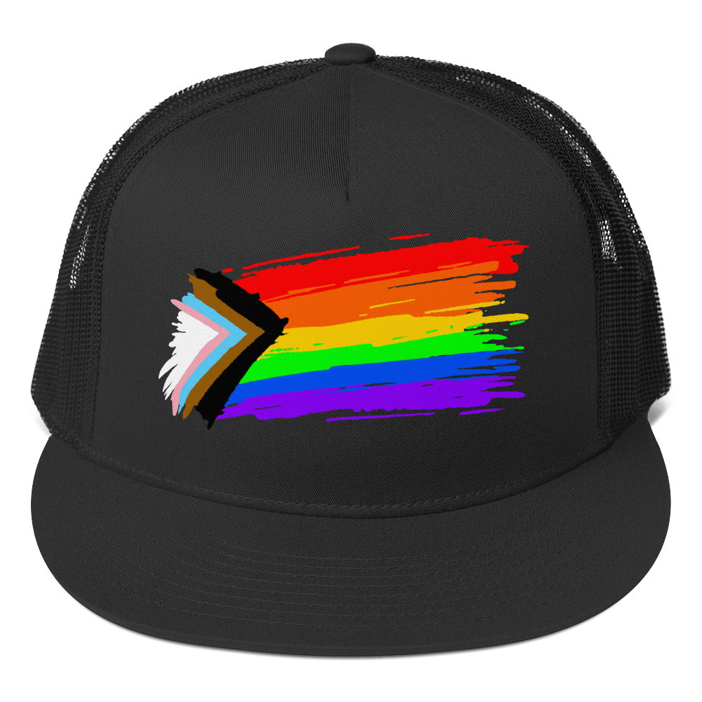 LGBTQ Progress Pride Paint Trucker Cap Black Pride 5-panel-trucker-cap-black-front-66b2630109aed