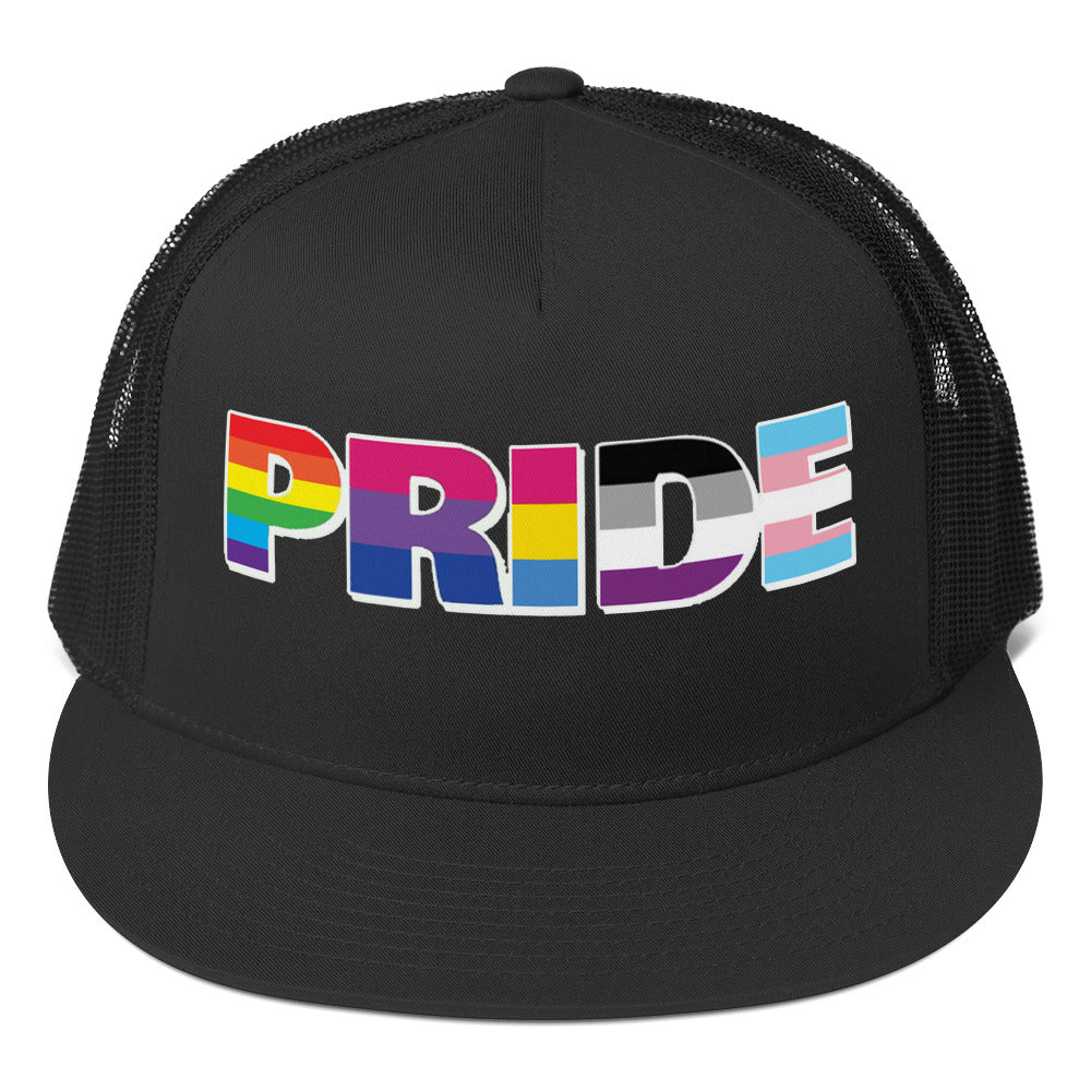 LGBTQ Pride Trucker Cap Black Pride 5-panel-trucker-cap-black-front-66b263323779f