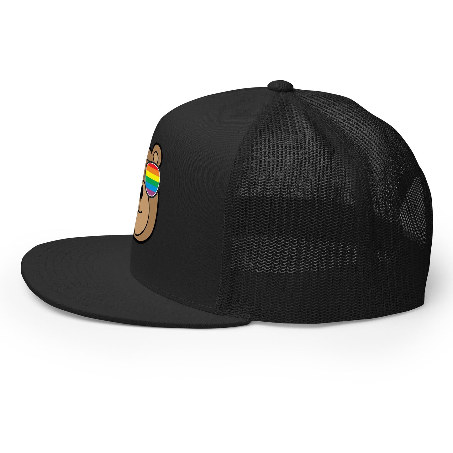 Gay Bear with Rainbow Sunglasses Trucker Baseball Cap Hat 5-panel-trucker-cap-black-left-66aeb98062ced