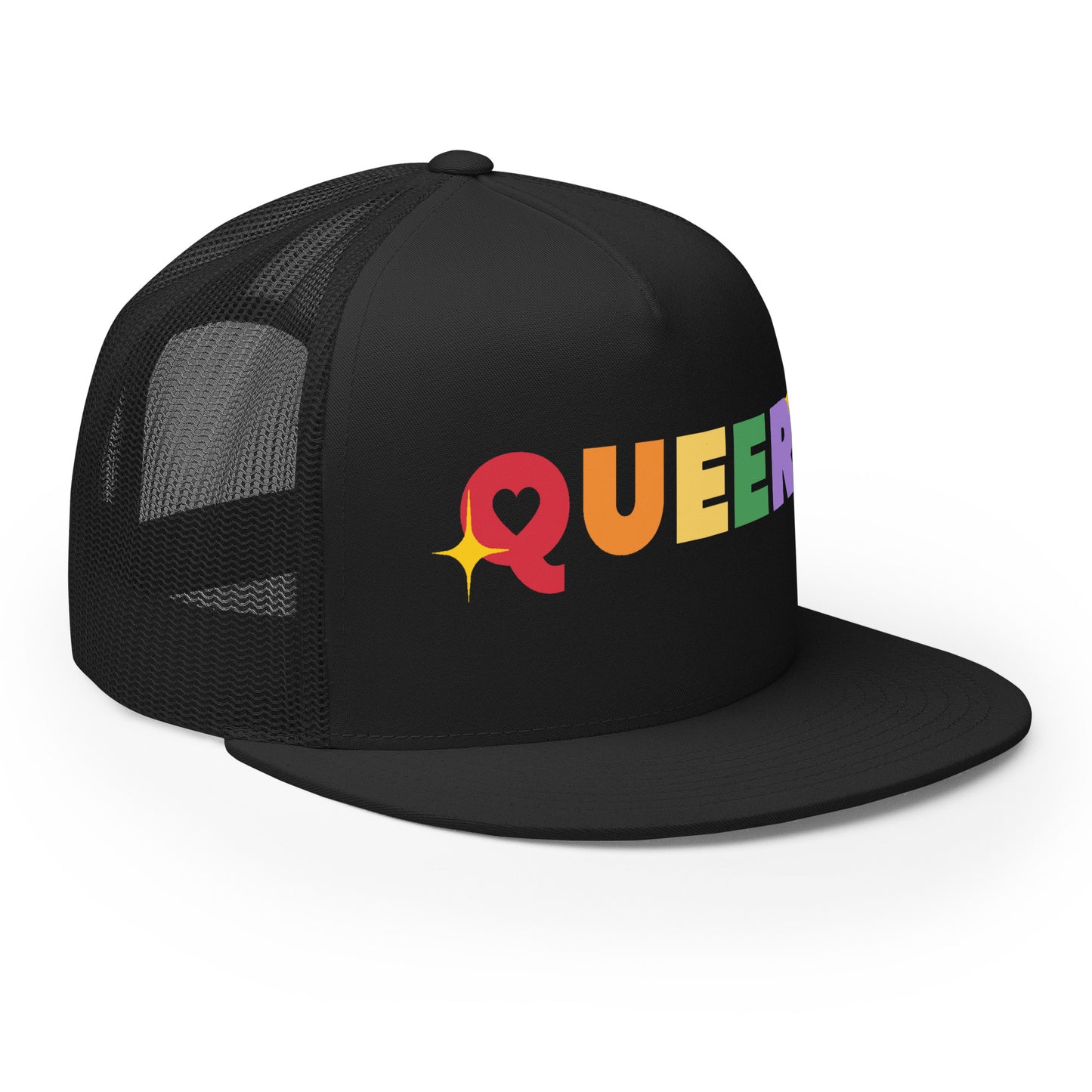 Queer Trucker Baseball Cap Hat 5-panel-trucker-cap-black-right-front-66aeb61de0a8a