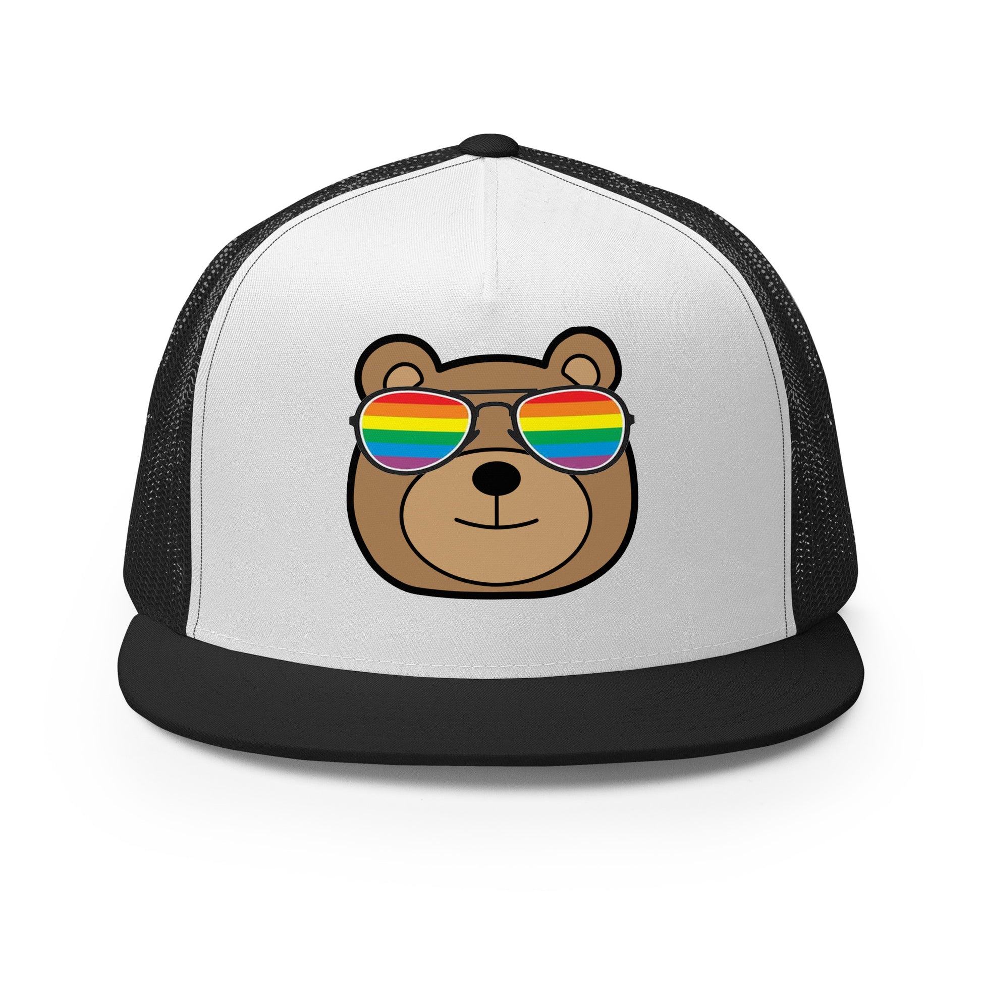 Gay Bear with Rainbow Sunglasses Trucker Baseball Cap Hat Black White Black Gay 5-panel-trucker-cap-black-white-black-front-66aeb98063abd