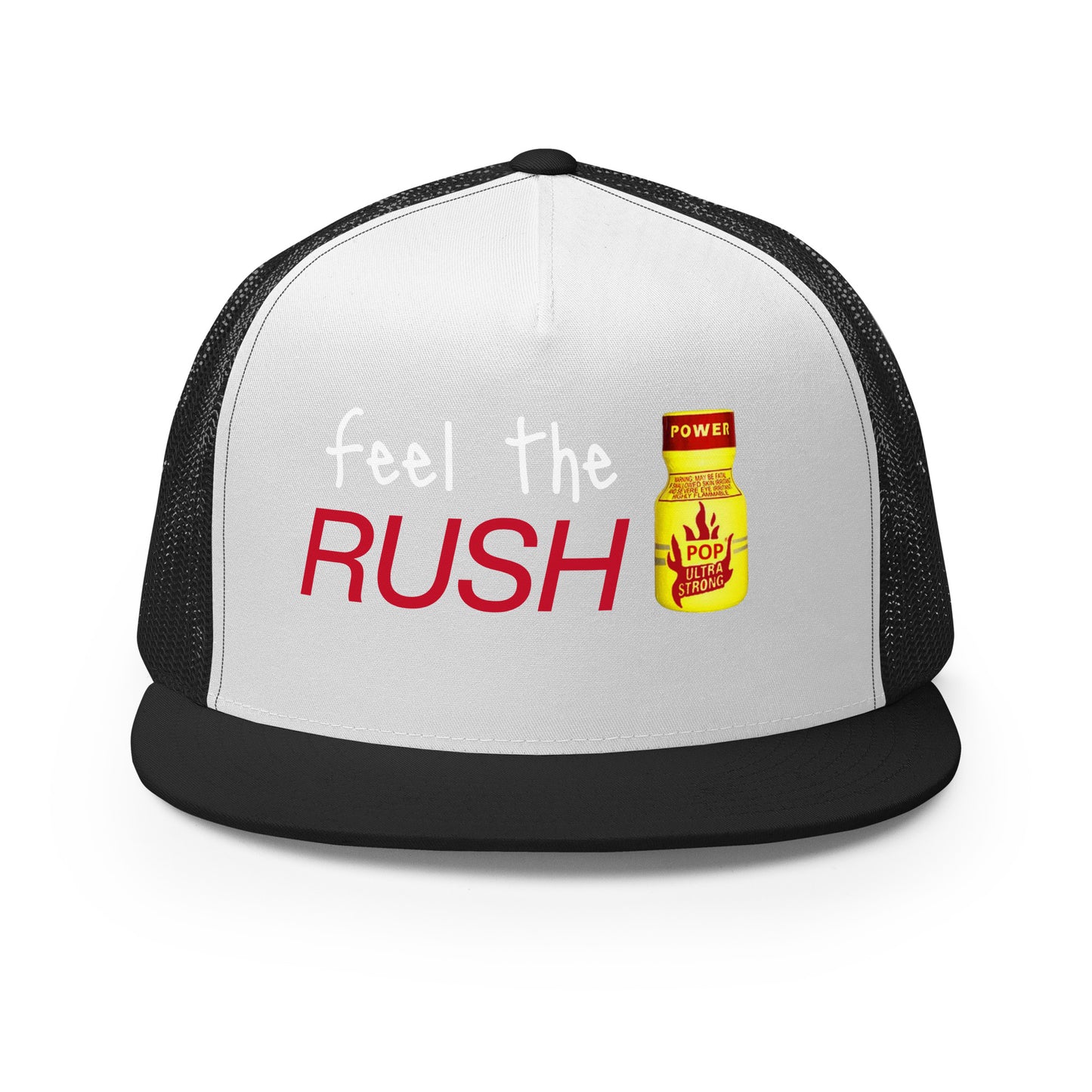 Feel the Rush Trucker Baseball Cap Hat Black White Black 5-panel-trucker-cap-black-white-black-front-66aec9c3331e2