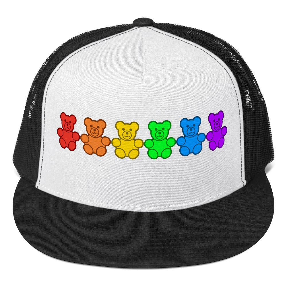 LGBTQ Pride Gummy Bear Trucker Cap Black White Black Pride 5-panel-trucker-cap-black-white-black-front-66b25e3762895