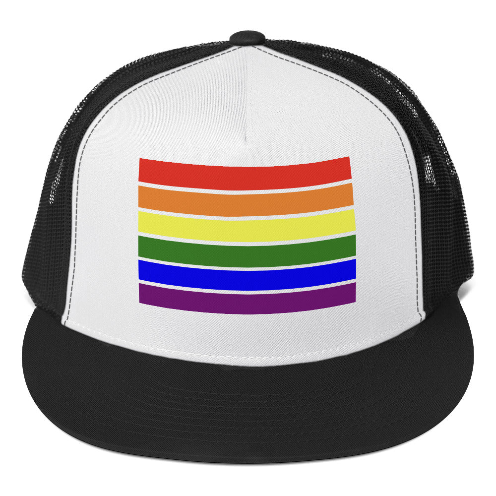 LGBTQ Pride Flag Trucker Cap Black White Black Pride 5-panel-trucker-cap-black-white-black-front-66b25e952d486