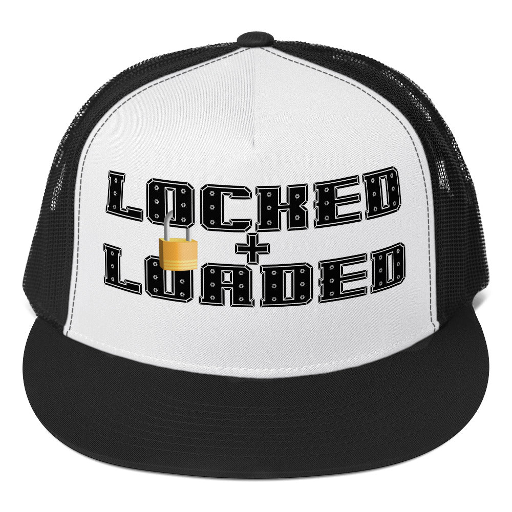 Locked and Loaded Trucker Cap Black White Black 5-panel-trucker-cap-black-white-black-front-66b26212f2511