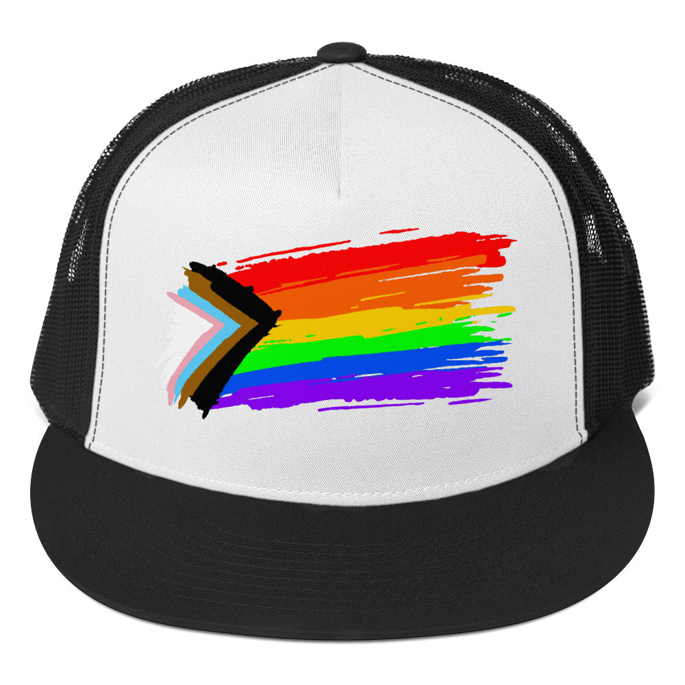 LGBTQ Progress Pride Paint Trucker Cap Black White Black Pride 5-panel-trucker-cap-black-white-black-front-66b263010a12f