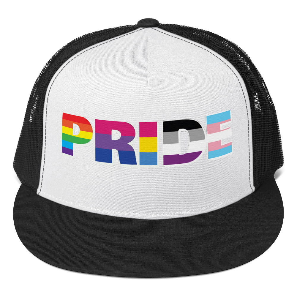 LGBTQ Pride Trucker Cap Black White Black Pride 5-panel-trucker-cap-black-white-black-front-66b2633237c9a