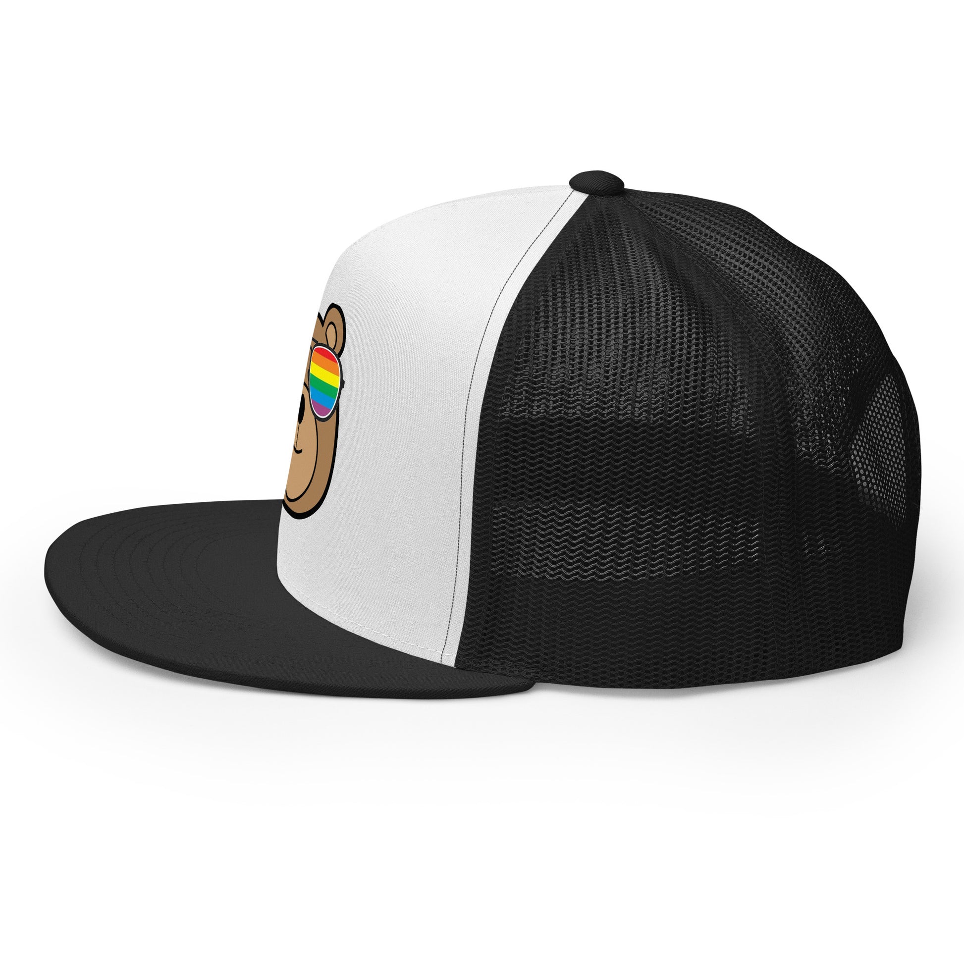 Gay Bear with Rainbow Sunglasses Trucker Baseball Cap Hat 5-panel-trucker-cap-black-white-black-left-66aeb98063c99