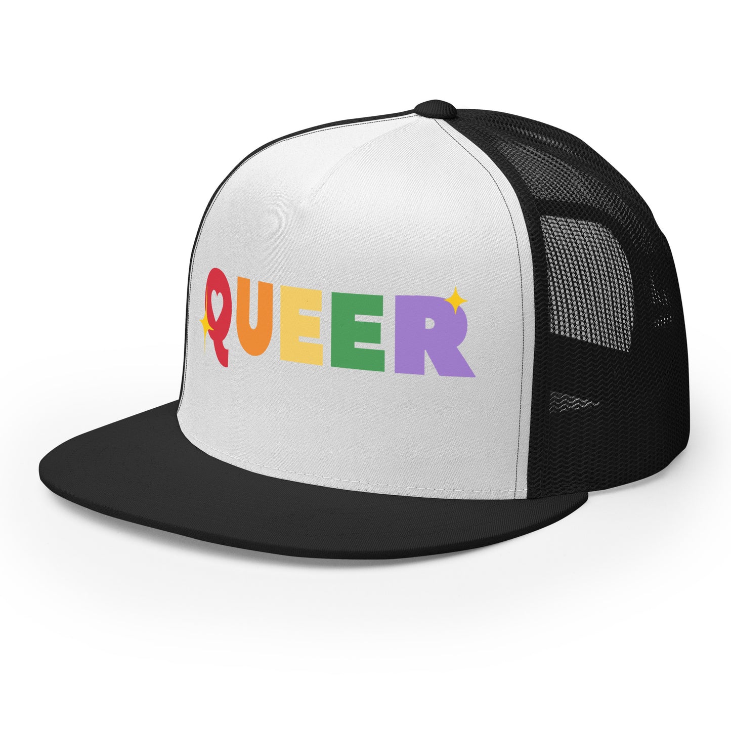 Queer Trucker Baseball Cap Hat 5-panel-trucker-cap-black-white-black-left-front-66aeb61de1c31