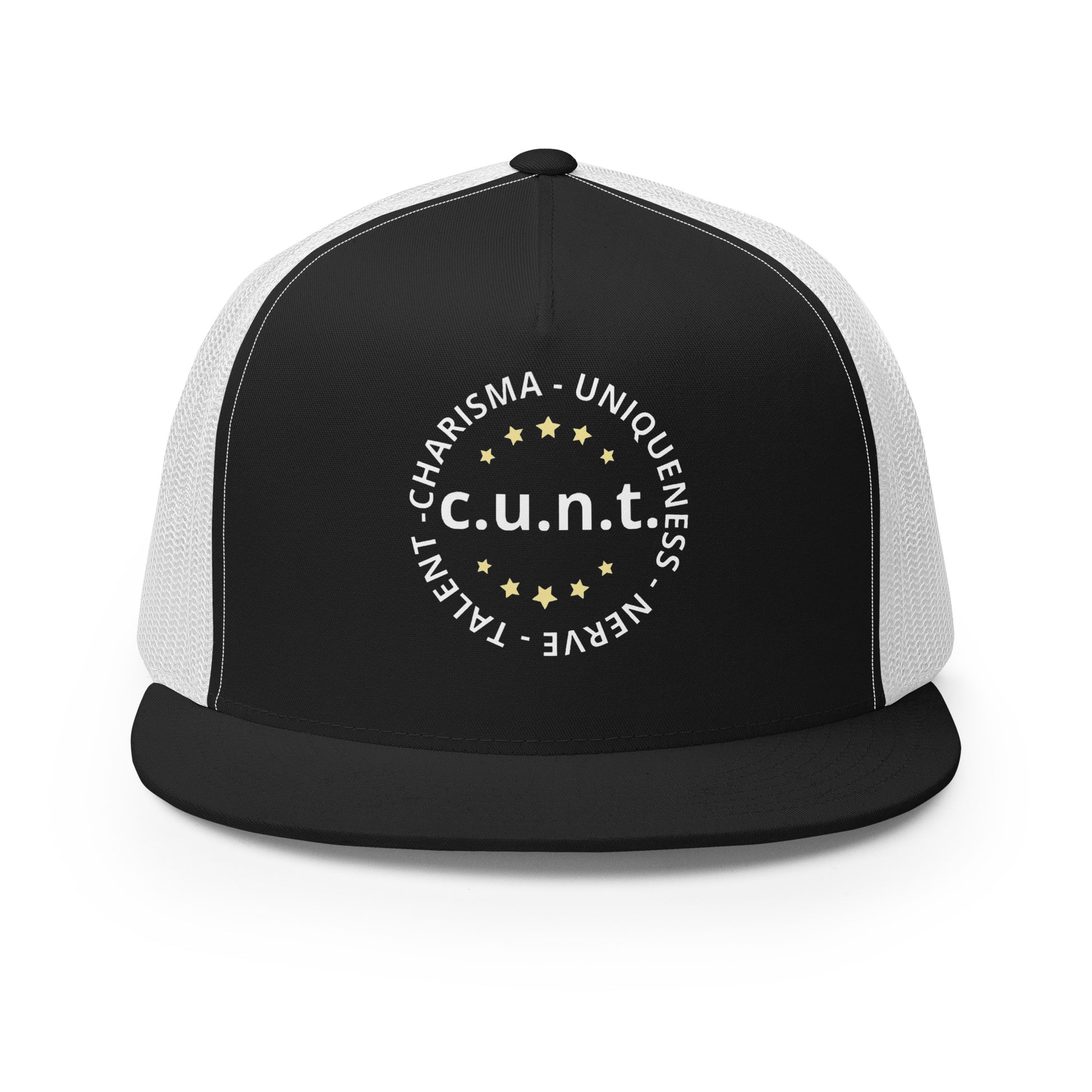 Charisma Uniqueness Nerve and Talent Trucker Baseball Cap Hat Black White 5-panel-trucker-cap-black-white-front-66aeb8d3603ff