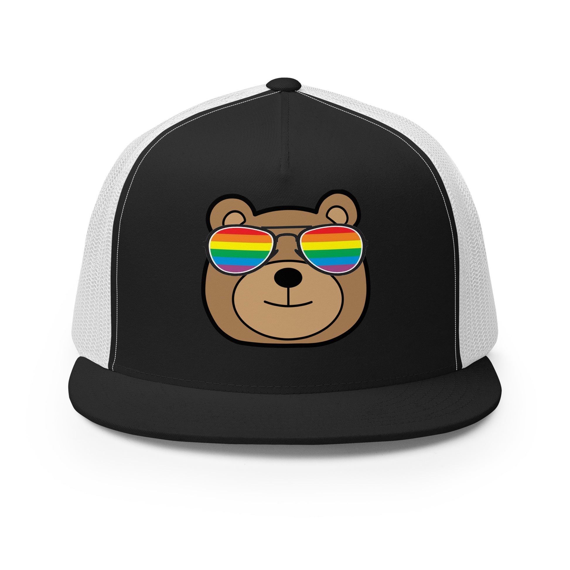 Gay Bear with Rainbow Sunglasses Trucker Baseball Cap Hat Black White Gay 5-panel-trucker-cap-black-white-front-66aeb98061304