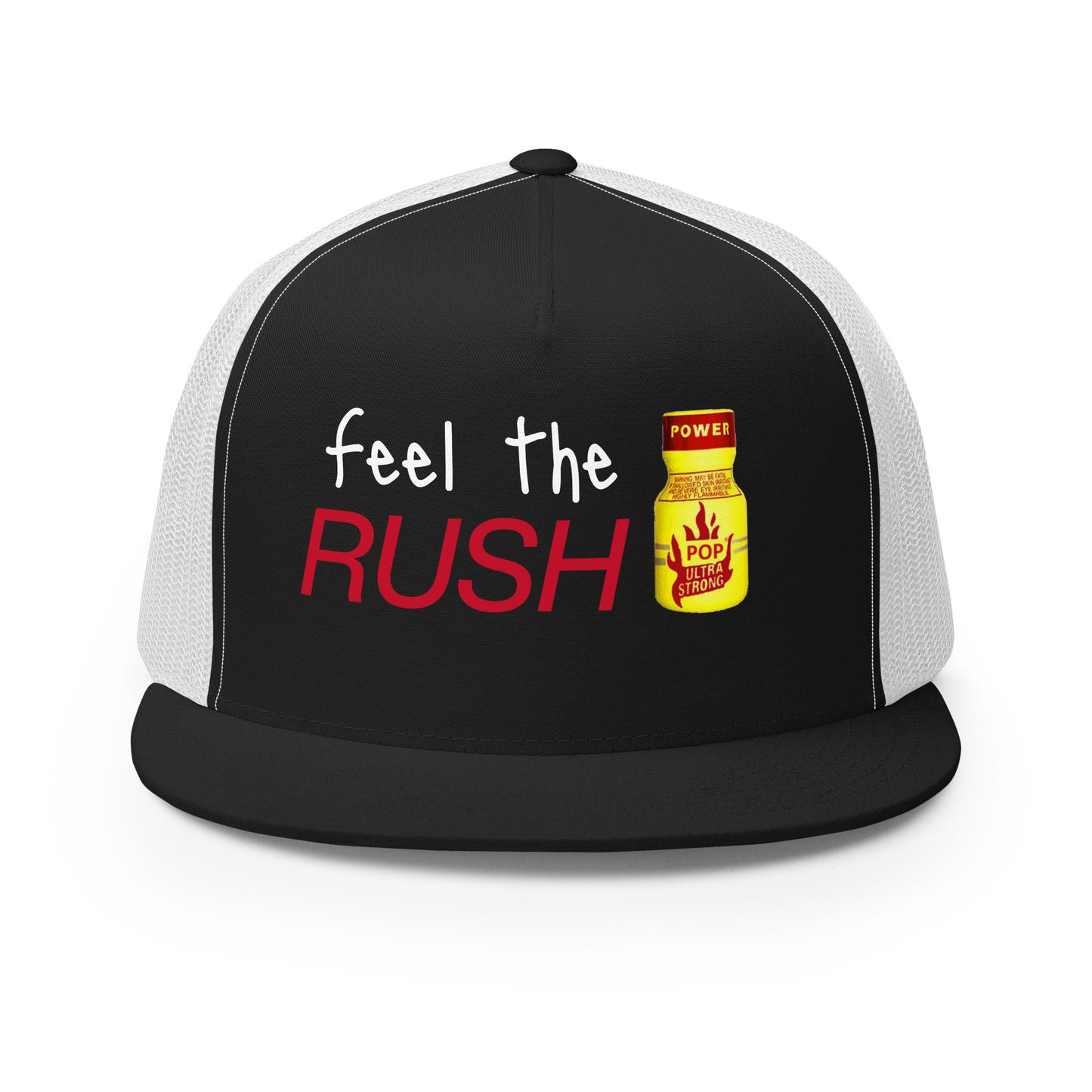 Feel the Rush Trucker Baseball Cap Hat Black White 5-panel-trucker-cap-black-white-front-66aec9c33001f