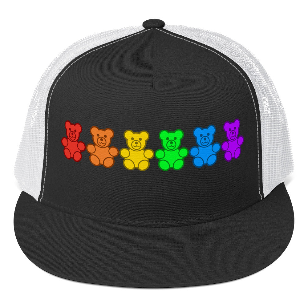 LGBTQ Pride Gummy Bear Trucker Cap Black White Pride 5-panel-trucker-cap-black-white-front-66b25e37611b6