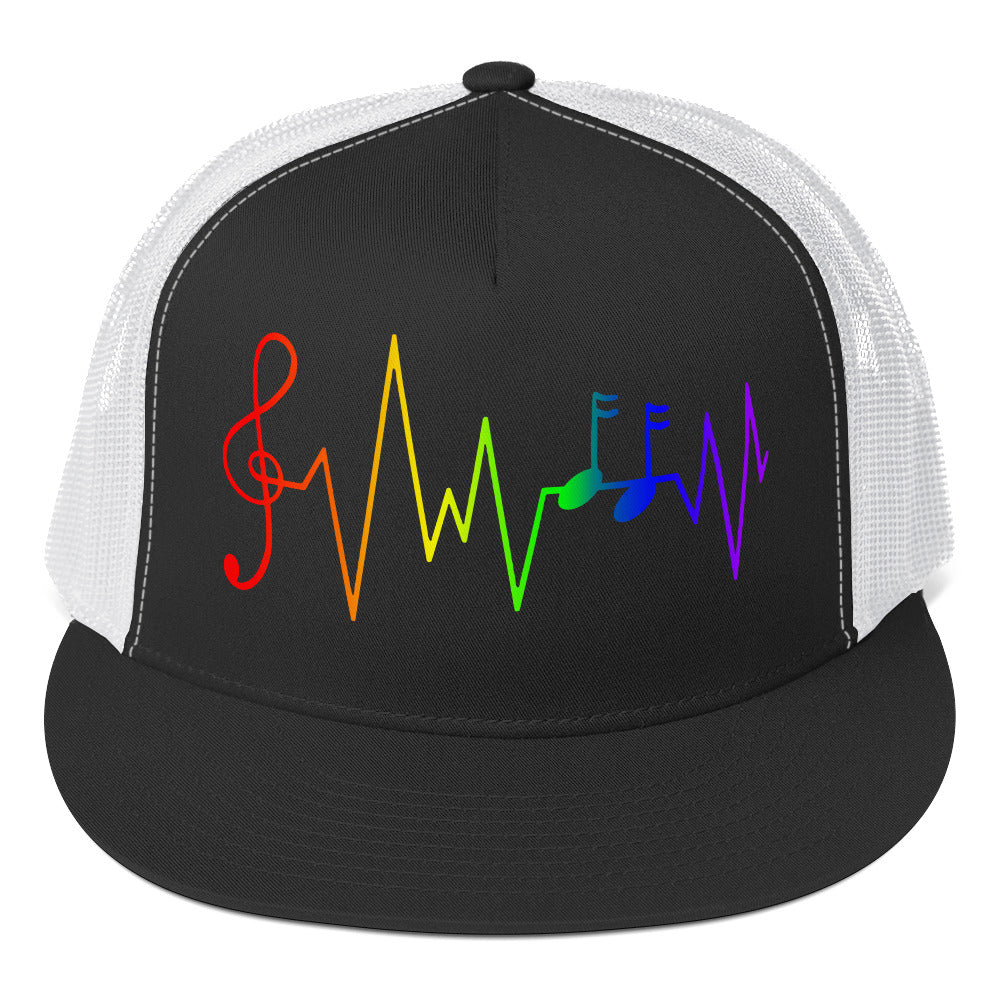 Rainbow Music Notes Trucker Cap Black White Pride 5-panel-trucker-cap-black-white-front-66b26258affe1