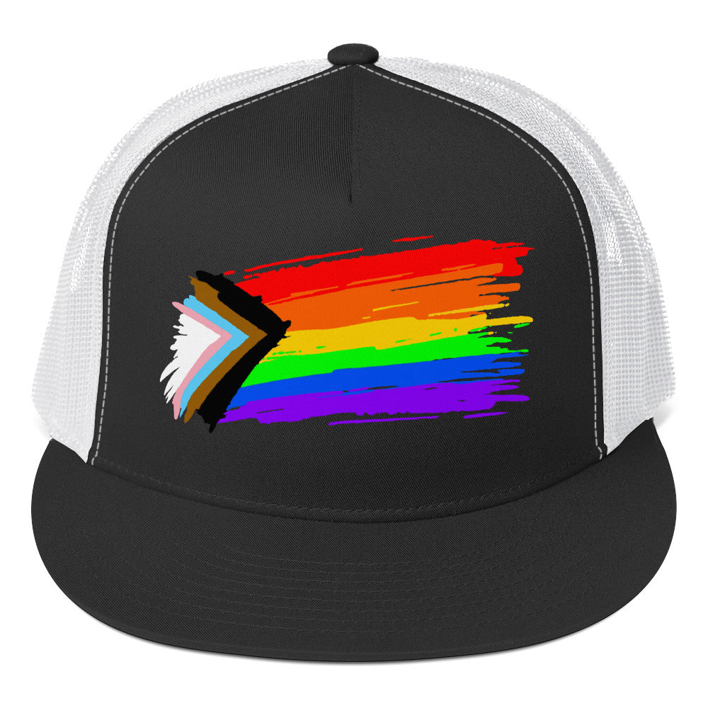 LGBTQ Progress Pride Paint Trucker Cap Black White Pride 5-panel-trucker-cap-black-white-front-66b26301071dc