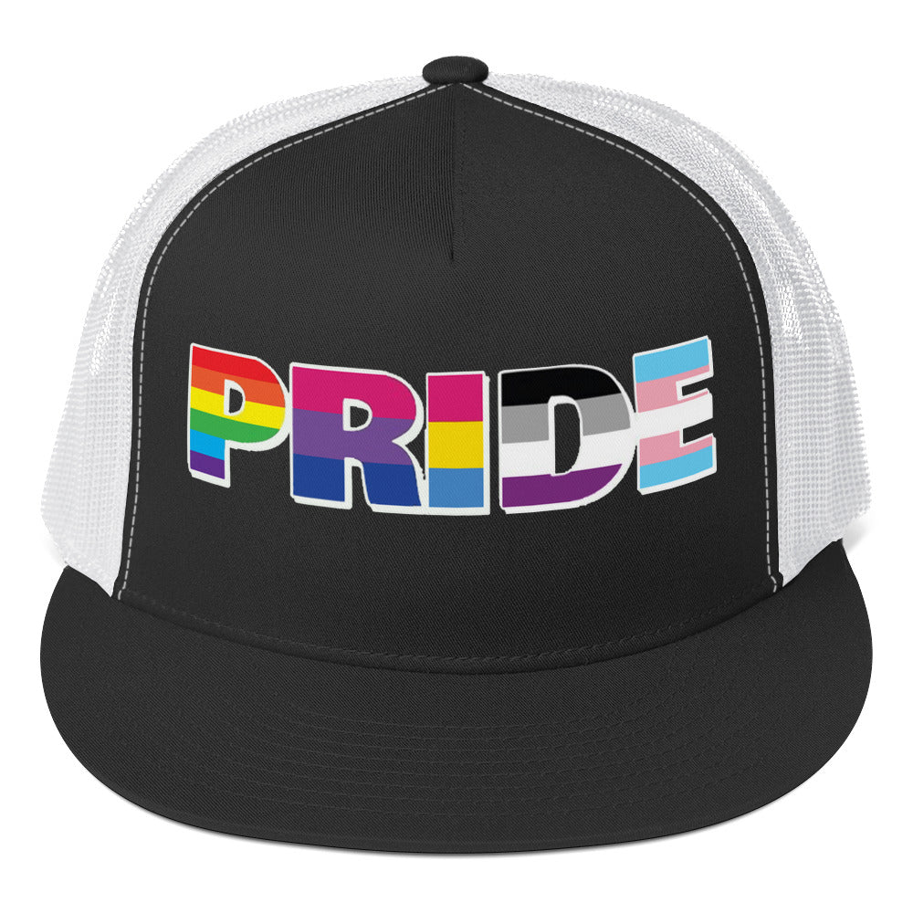 LGBTQ Pride Trucker Cap Black White Pride 5-panel-trucker-cap-black-white-front-66b26332349da