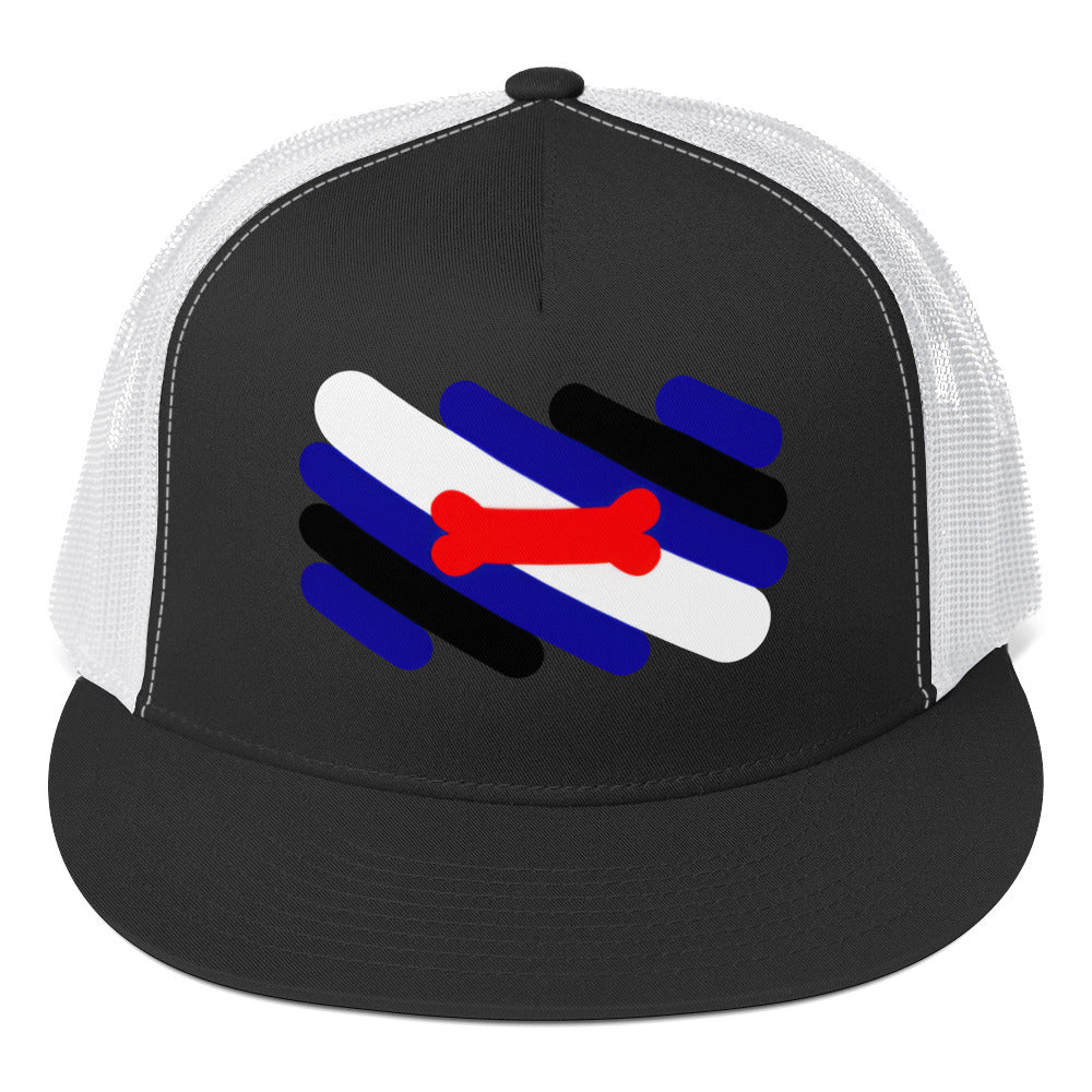 Puppy Pup Play Flag Trucker Cap Black White 5-panel-trucker-cap-black-white-front-66b263f902566