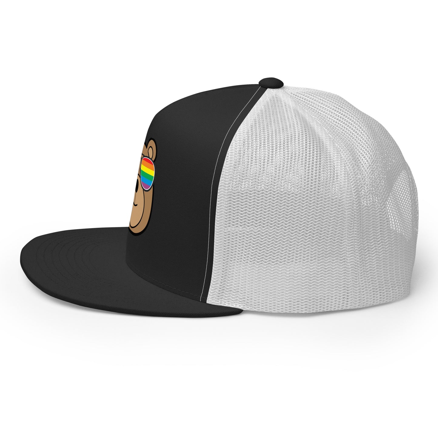 Gay Bear with Rainbow Sunglasses Trucker Baseball Cap Hat 5-panel-trucker-cap-black-white-left-66aeb9806283b