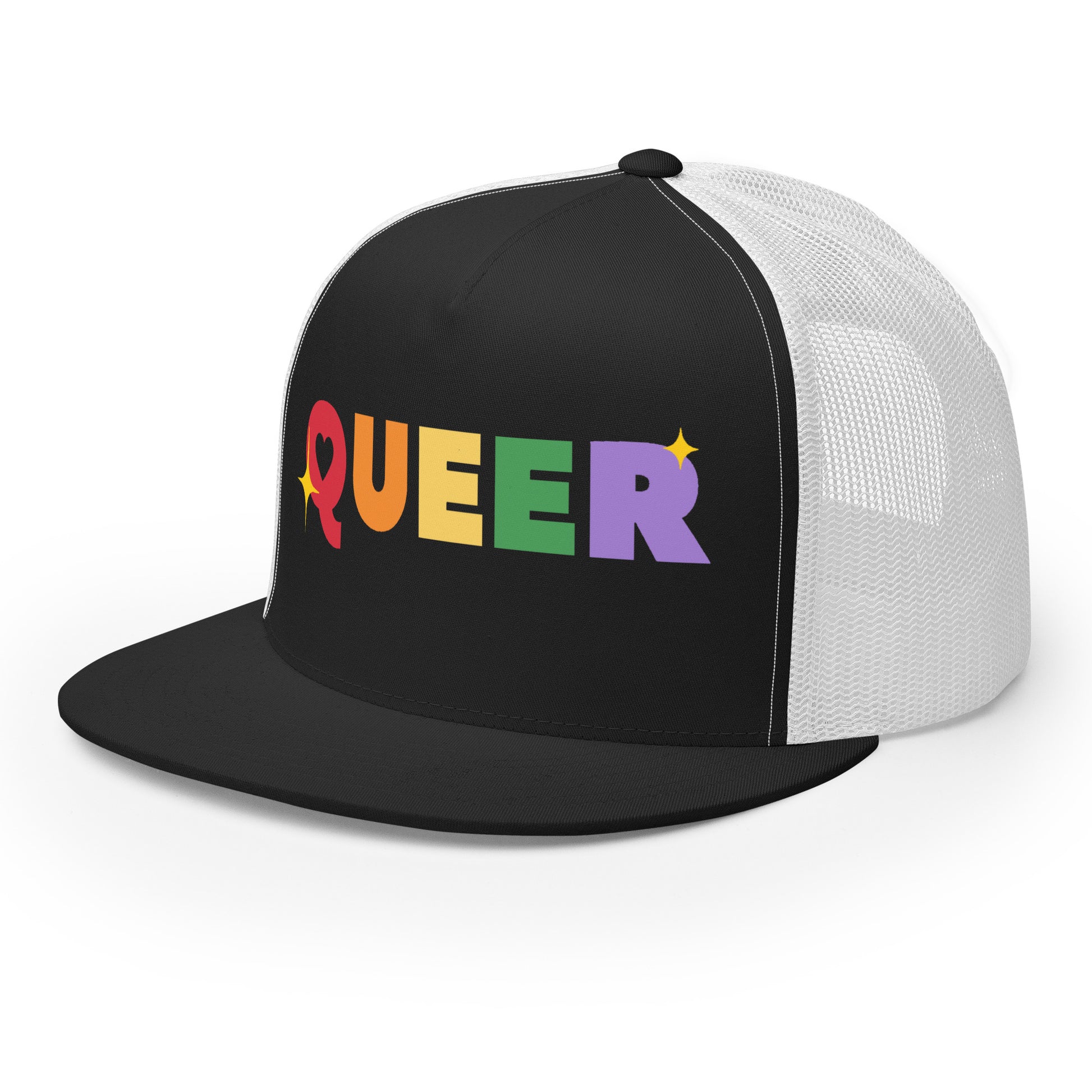 Queer Trucker Baseball Cap Hat 5-panel-trucker-cap-black-white-left-front-66aeb61de065d