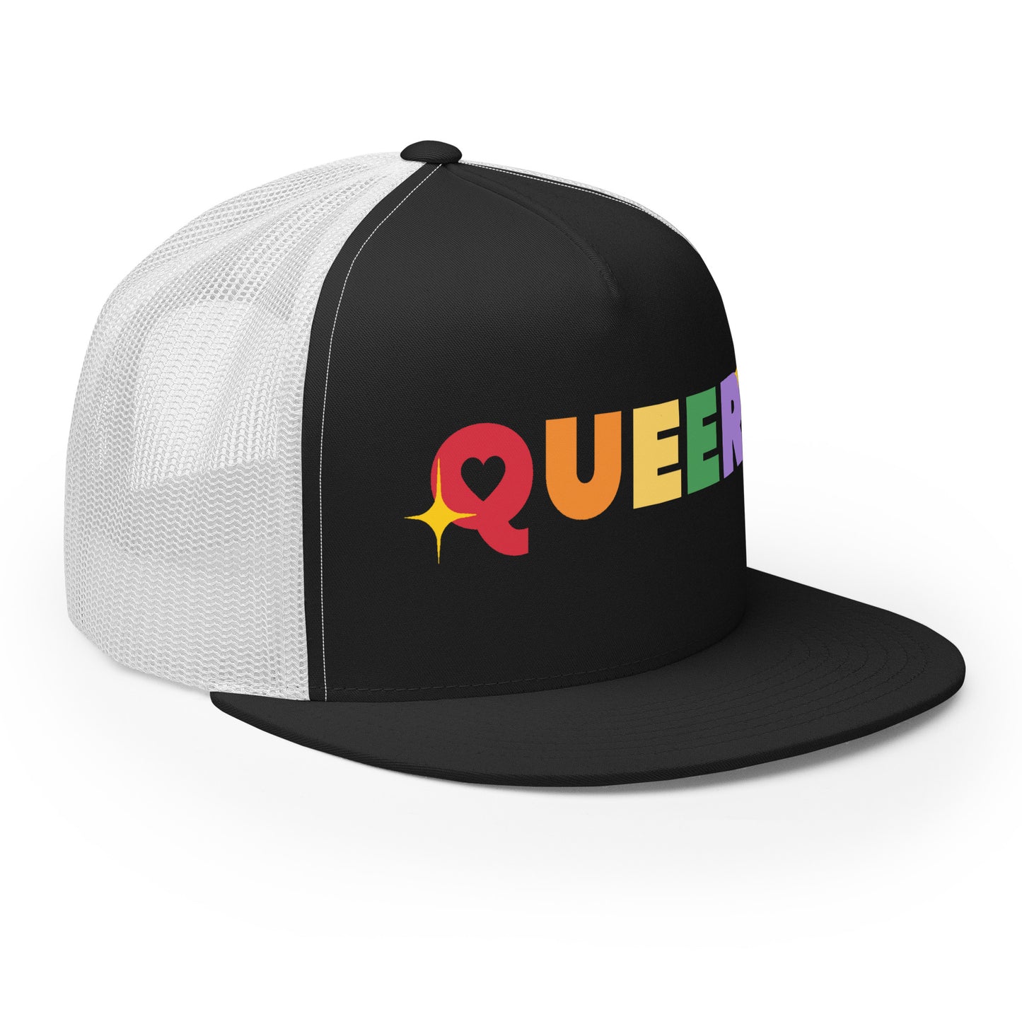 Queer Trucker Baseball Cap Hat 5-panel-trucker-cap-black-white-right-front-66aeb61de0702