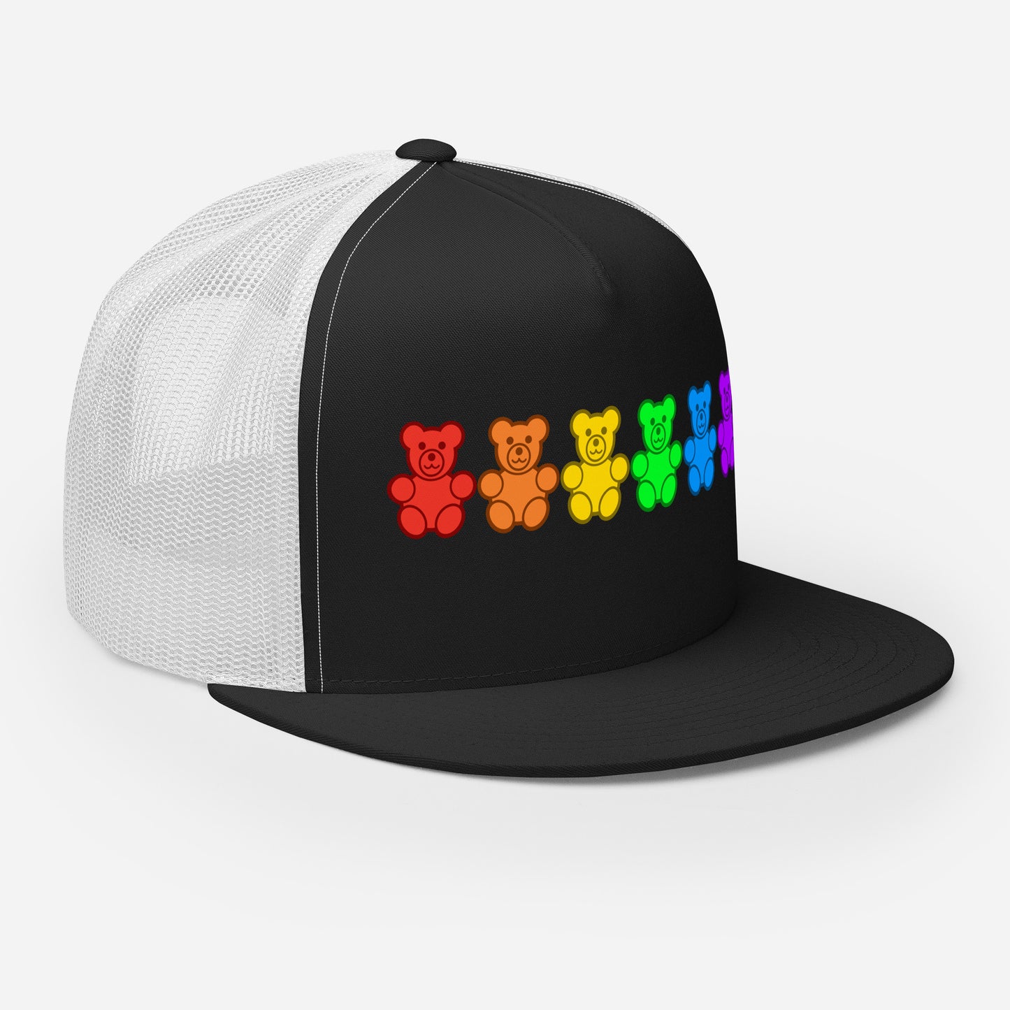 LGBTQ Pride Gummy Bear Trucker Cap 5-panel-trucker-cap-black-white-right-front-66b25e376214b