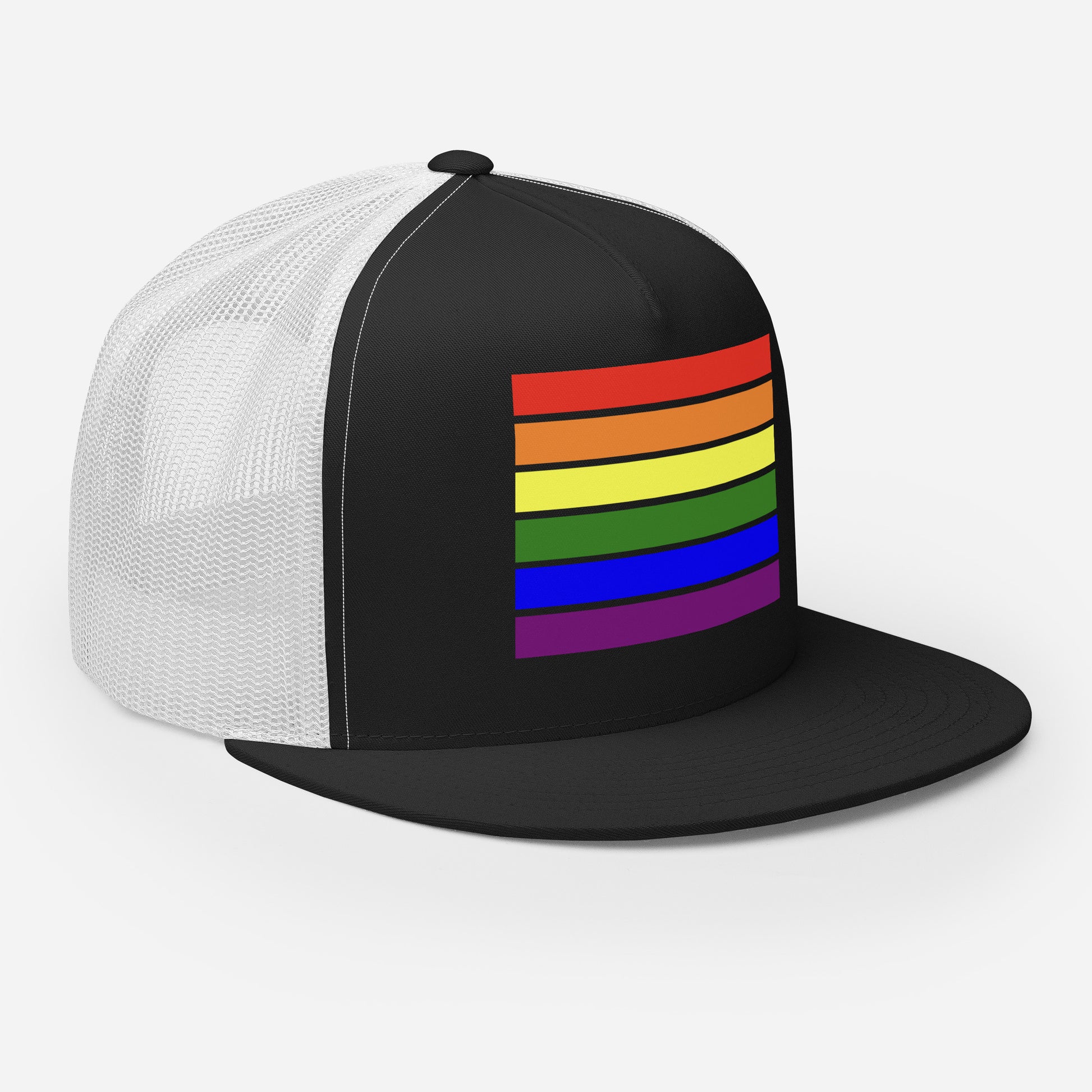 LGBTQ Pride Flag Trucker Cap 5-panel-trucker-cap-black-white-right-front-66b25e952c7bd