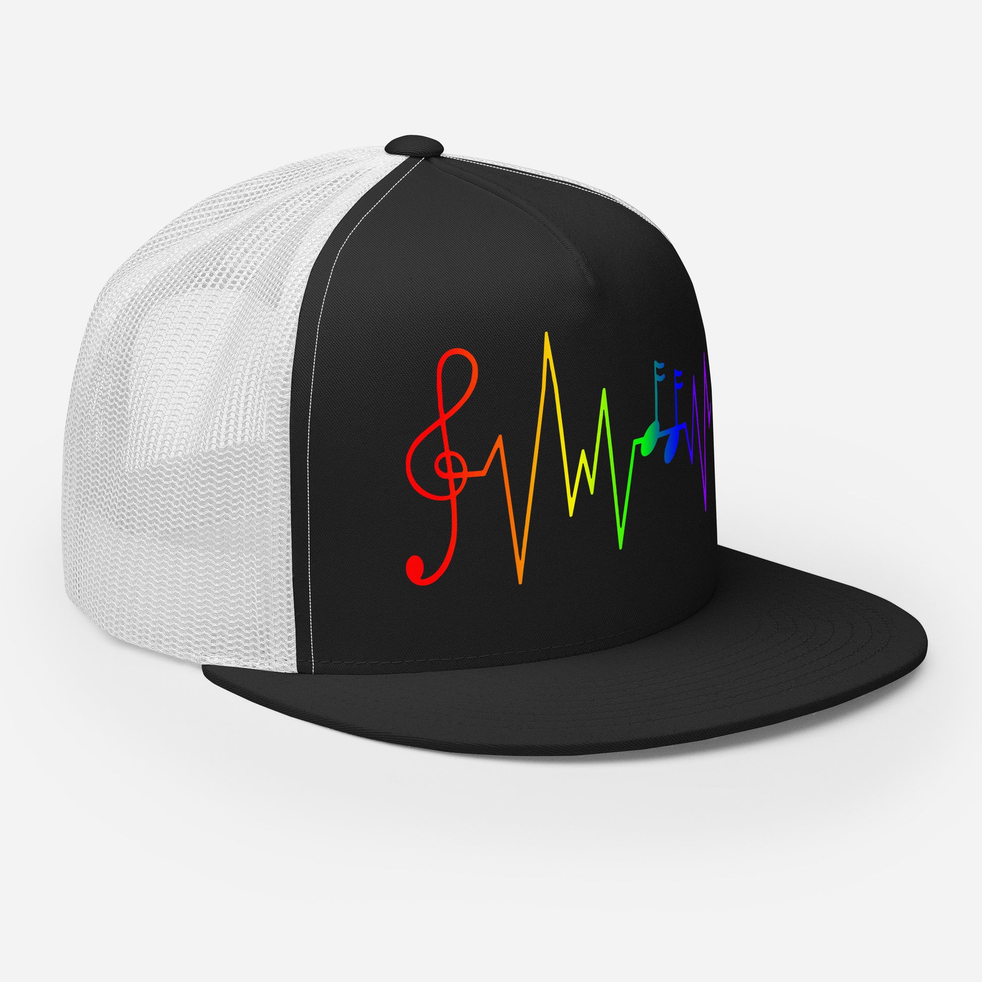 Rainbow Music Notes Trucker Cap 5-panel-trucker-cap-black-white-right-front-66b26258b4a1b