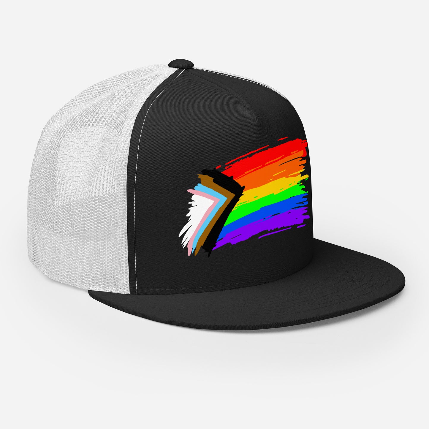 LGBTQ Progress Pride Paint Trucker Cap 5-panel-trucker-cap-black-white-right-front-66b26301098a4