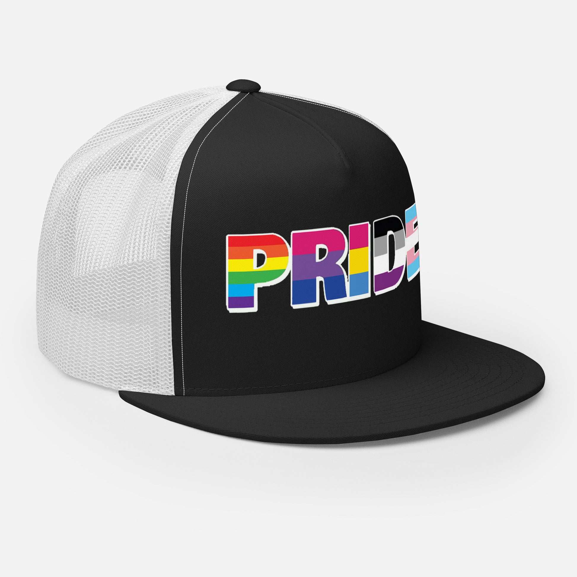 LGBTQ Pride Trucker Cap 5-panel-trucker-cap-black-white-right-front-66b26332374f3