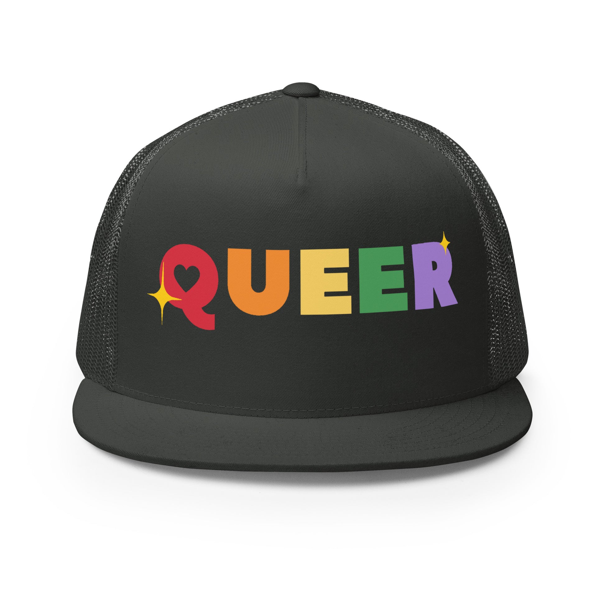 Queer Trucker Baseball Cap Hat Charcoal 5-panel-trucker-cap-charcoal-front-66aeb61de1335