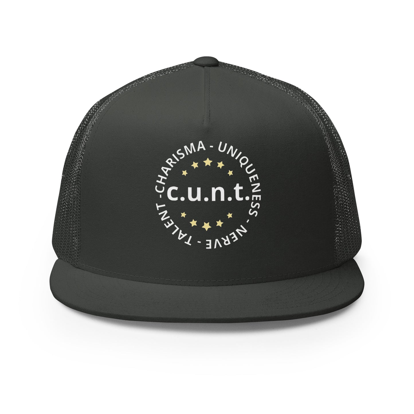 Charisma Uniqueness Nerve and Talent Trucker Baseball Cap Hat Charcoal 5-panel-trucker-cap-charcoal-front-66aeb8d3627c9