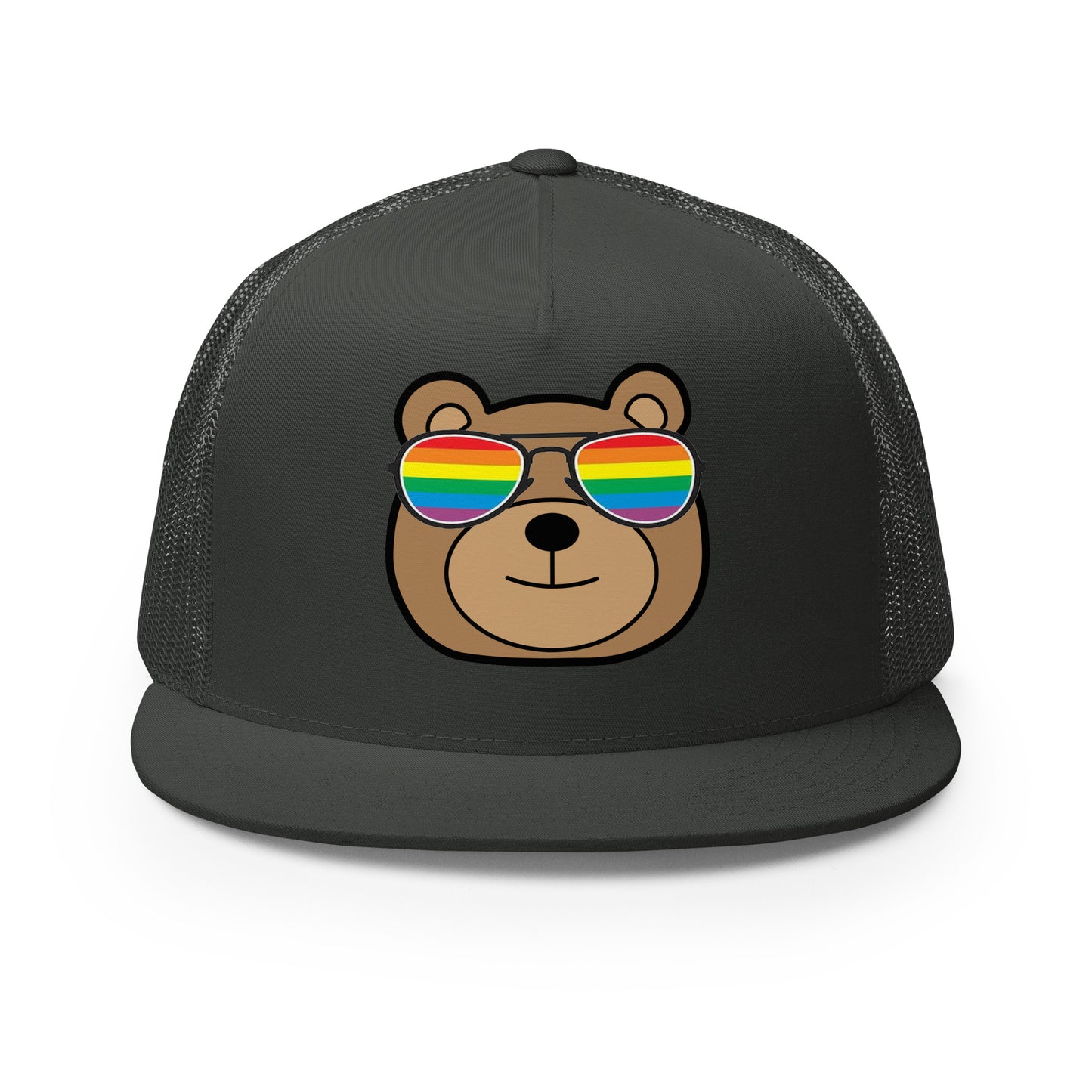 Gay Bear with Rainbow Sunglasses Trucker Baseball Cap Hat Charcoal Gay 5-panel-trucker-cap-charcoal-front-66aeb98062e8b