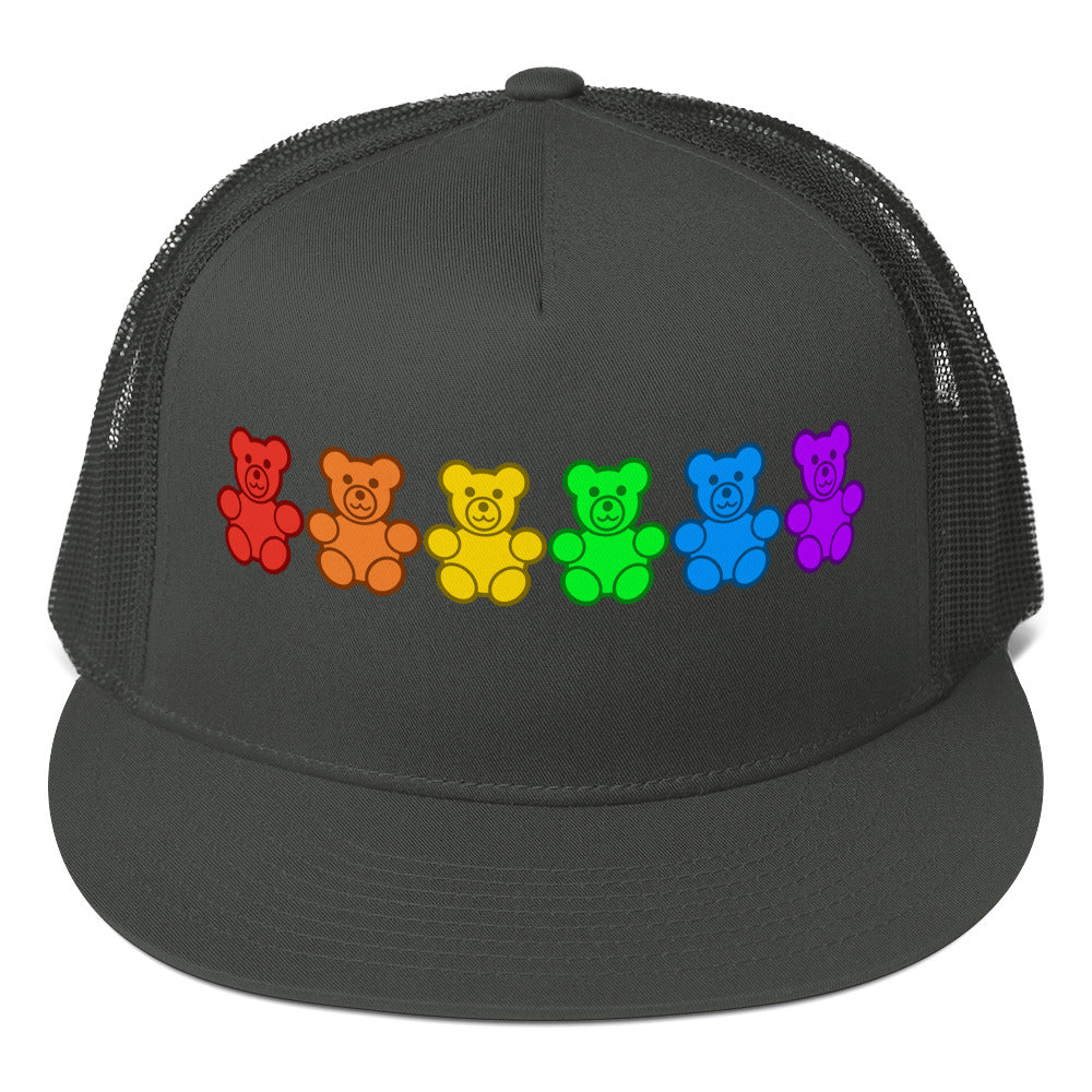 LGBTQ Pride Gummy Bear Trucker Cap Charcoal Pride 5-panel-trucker-cap-charcoal-front-66b25e37625ca