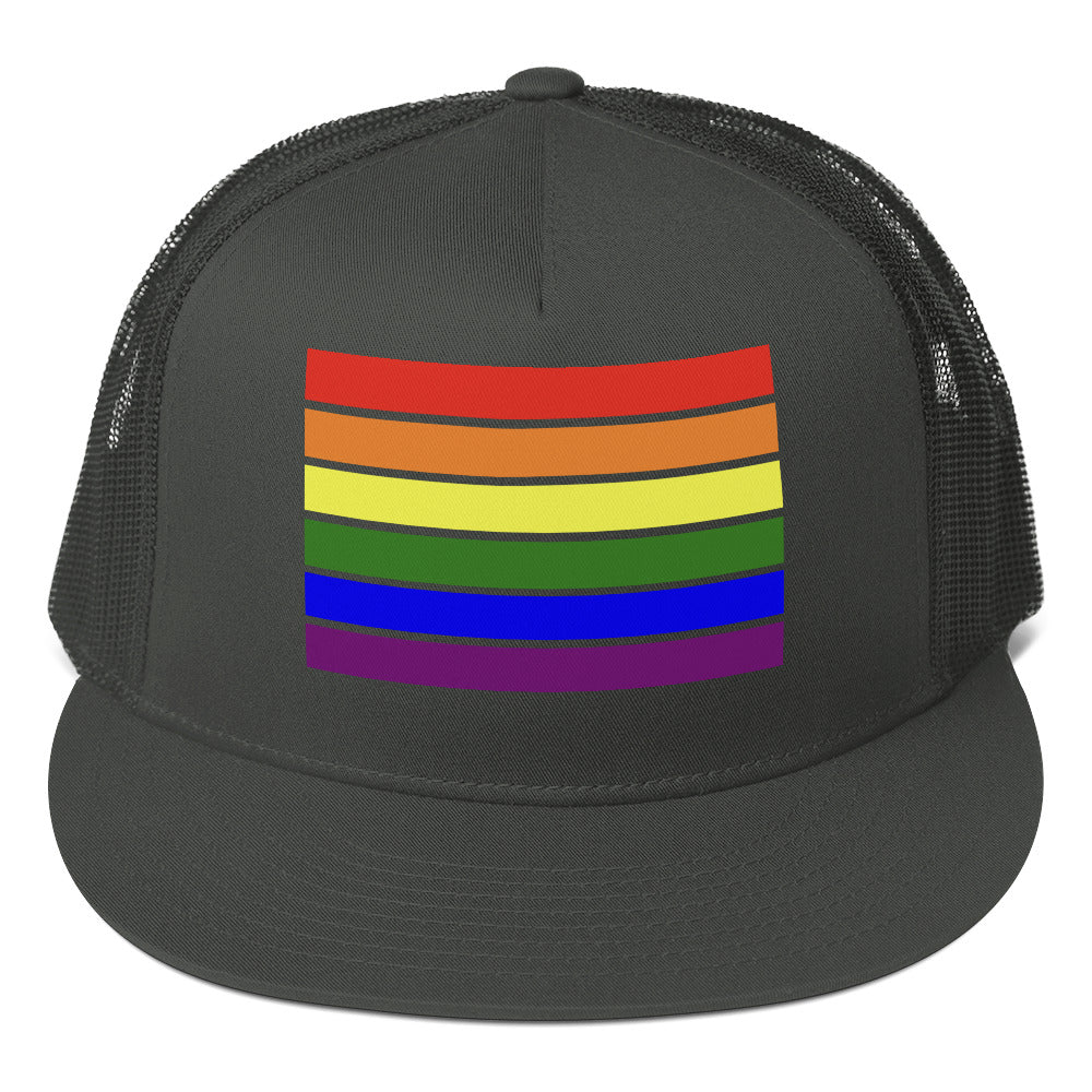 LGBTQ Pride Flag Trucker Cap Charcoal Pride 5-panel-trucker-cap-charcoal-front-66b25e952cf9b