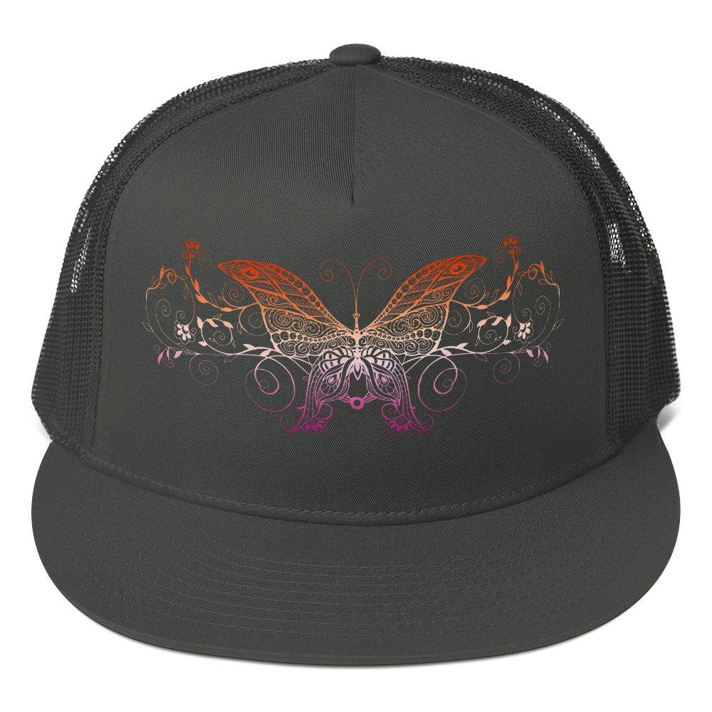 Lesbian Butterfly Trucker Cap Charcoal Lesbian 5-panel-trucker-cap-charcoal-front-66b25f6cb34ee