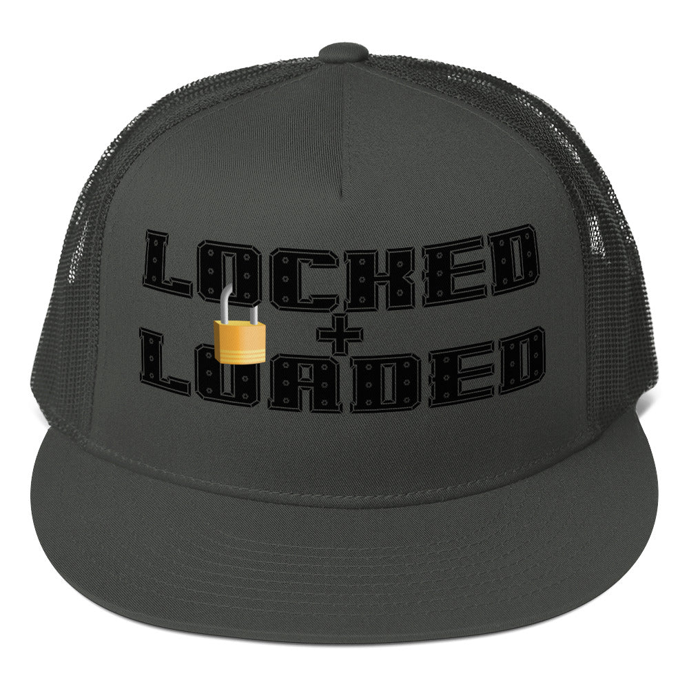 Locked and Loaded Trucker Cap Charcoal 5-panel-trucker-cap-charcoal-front-66b26212ef995