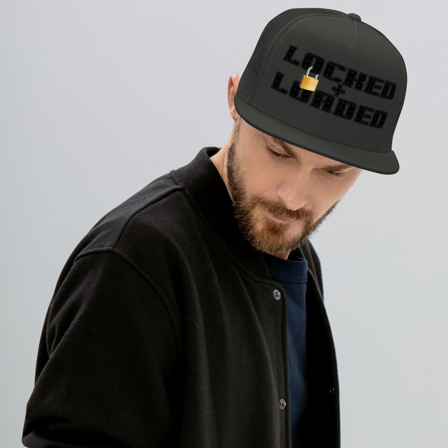 Locked and Loaded Trucker Cap 5-panel-trucker-cap-charcoal-front-66b26212f1e08