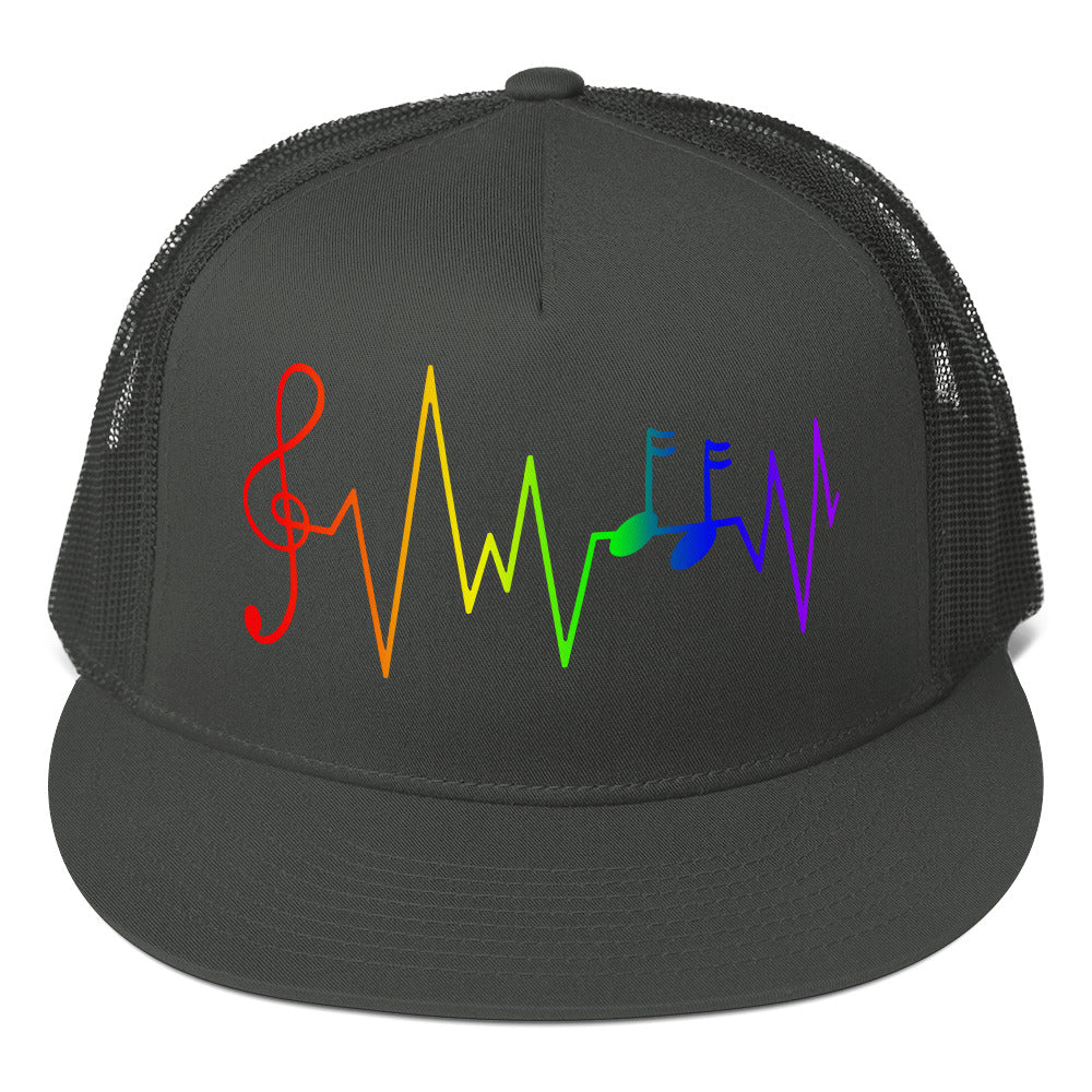 Rainbow Music Notes Trucker Cap Charcoal Pride 5-panel-trucker-cap-charcoal-front-66b26258b5194