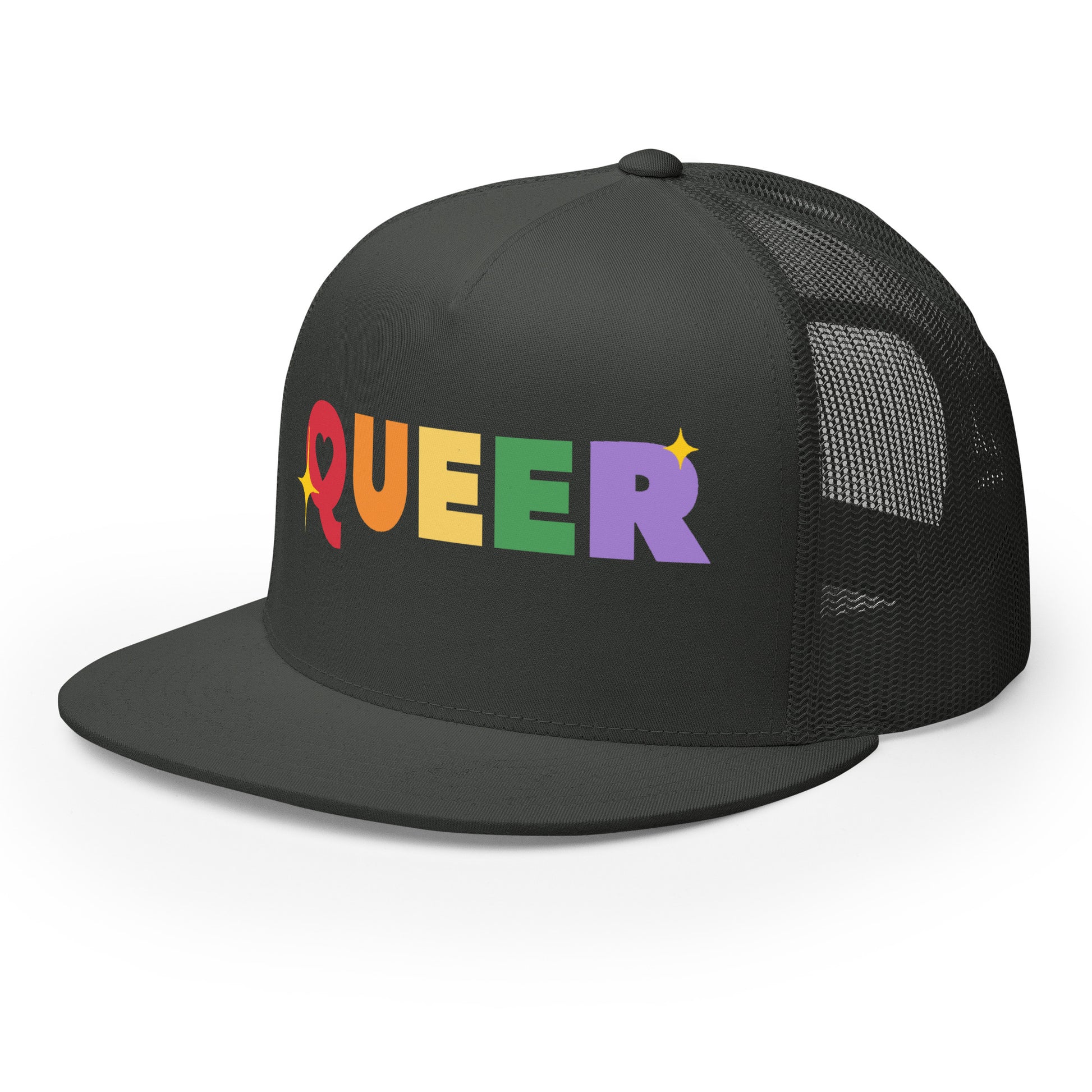 Queer Trucker Baseball Cap Hat 5-panel-trucker-cap-charcoal-left-front-66aeb61de144e