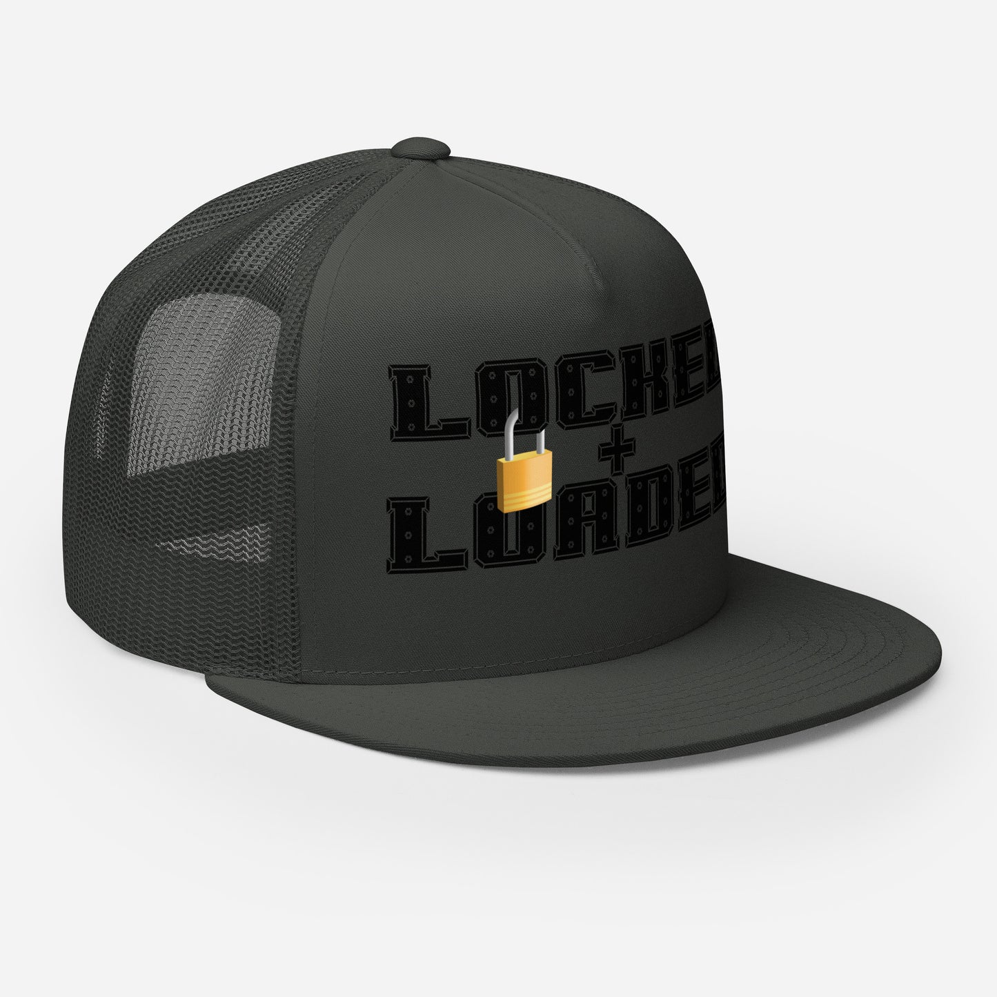 Locked and Loaded Trucker Cap 5-panel-trucker-cap-charcoal-right-front-66b26212f1f7f