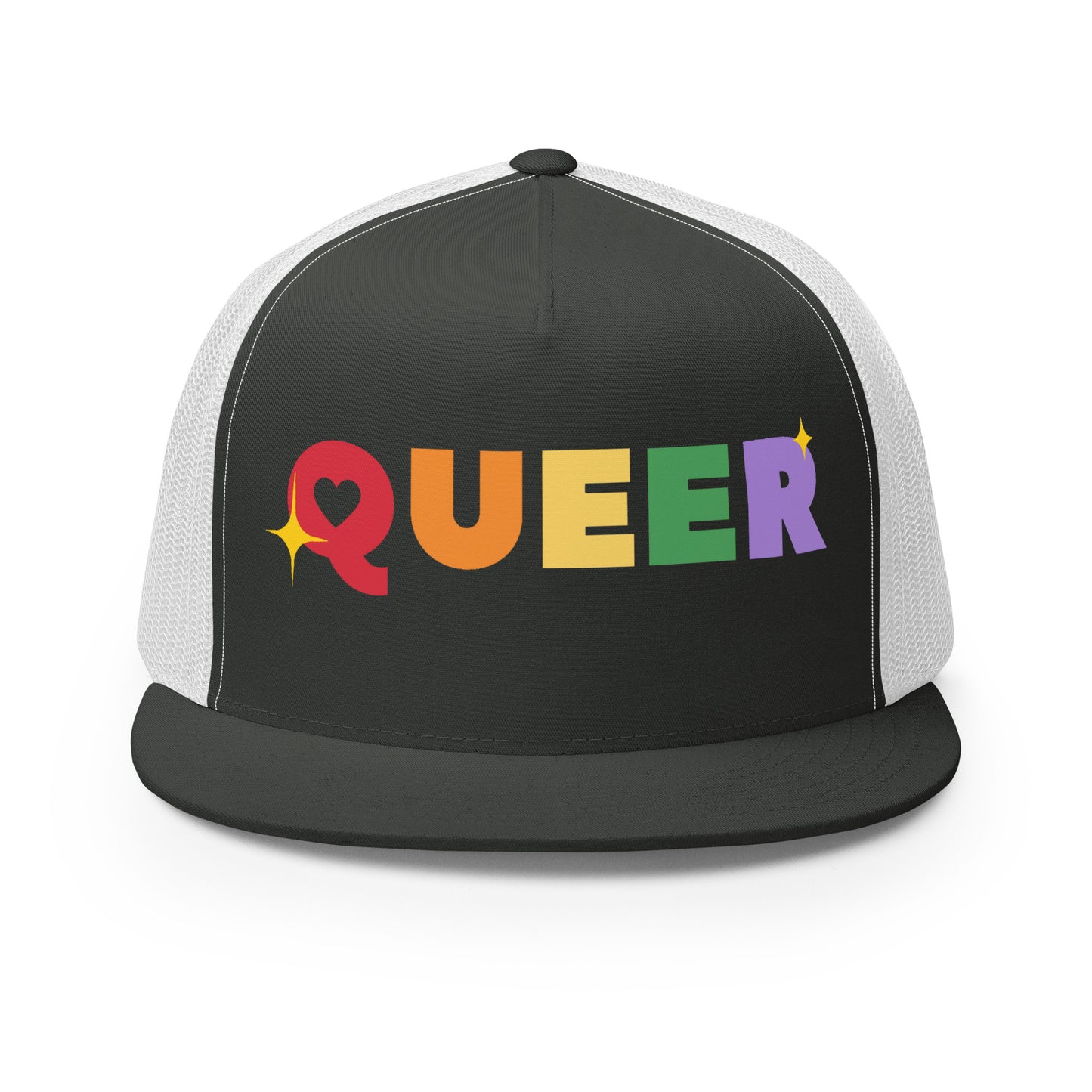 Queer Trucker Baseball Cap Hat Charcoal White 5-panel-trucker-cap-charcoal-white-front-66aeb61de15d9