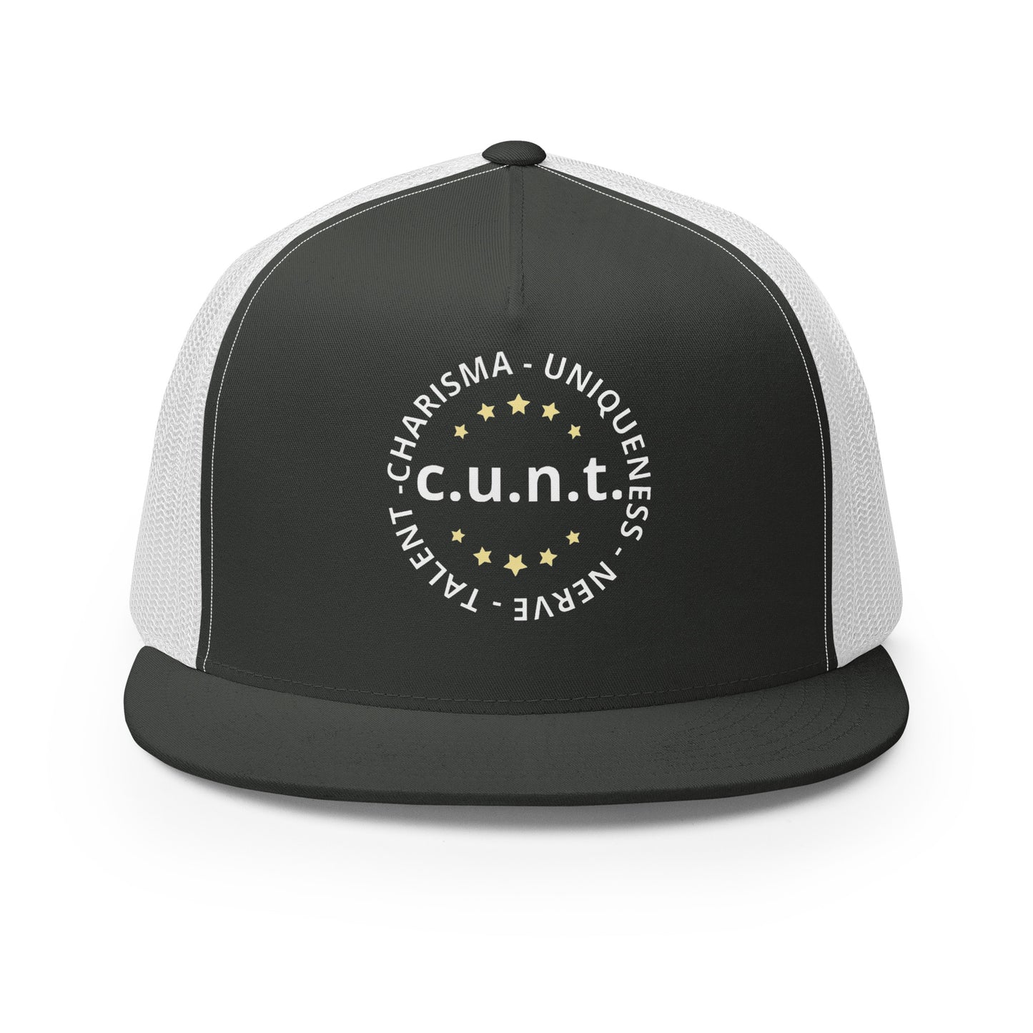 Charisma Uniqueness Nerve and Talent Trucker Baseball Cap Hat Charcoal White 5-panel-trucker-cap-charcoal-white-front-66aeb8d364047