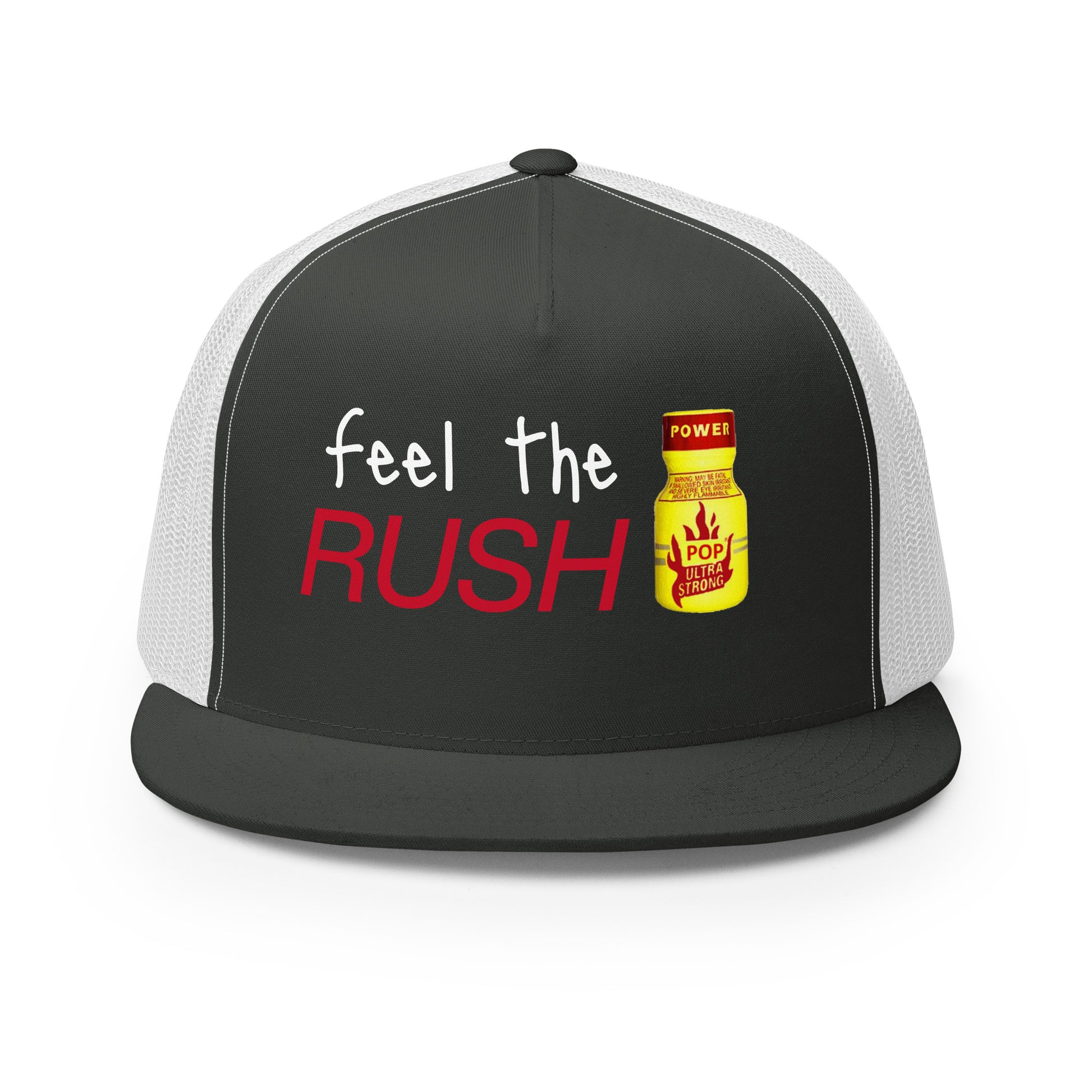 Feel the Rush Trucker Baseball Cap Hat Charcoal White 5-panel-trucker-cap-charcoal-white-front-66aec9c332d0f