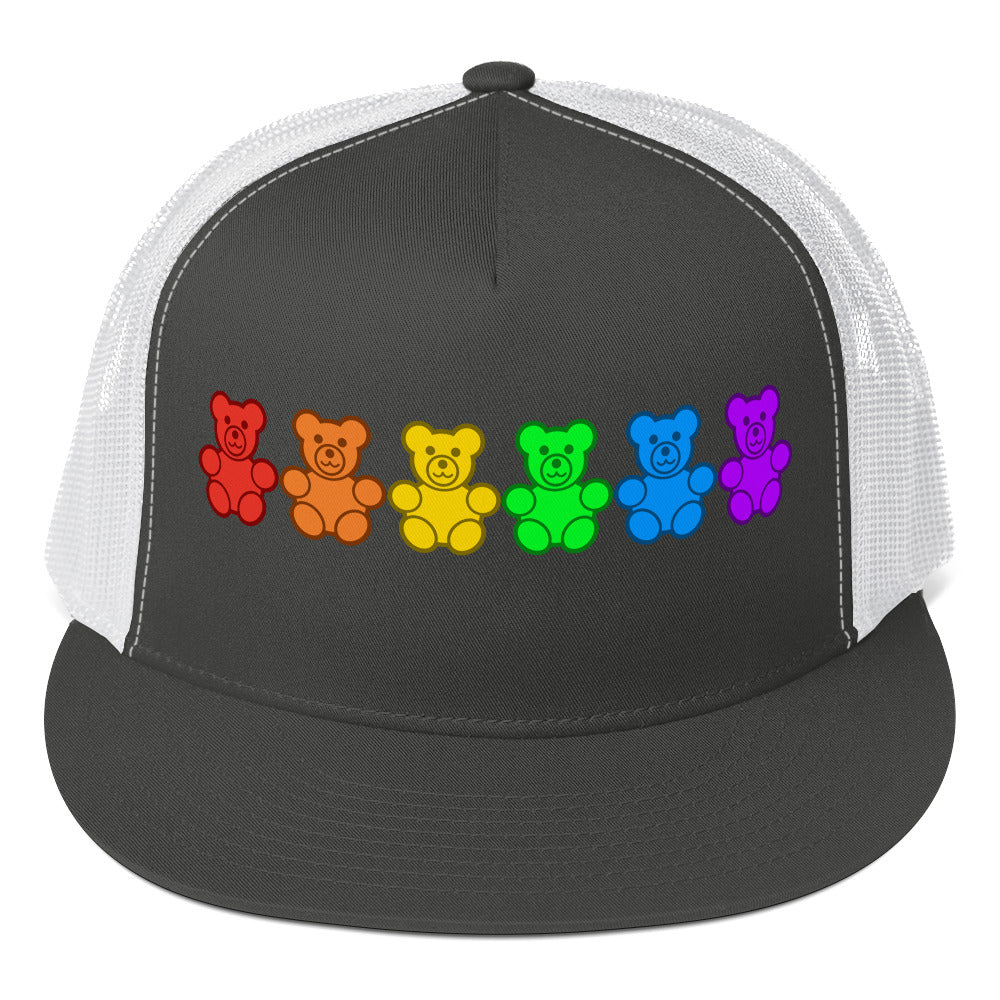 LGBTQ Pride Gummy Bear Trucker Cap Charcoal White Pride 5-panel-trucker-cap-charcoal-white-front-66b25e37626a5