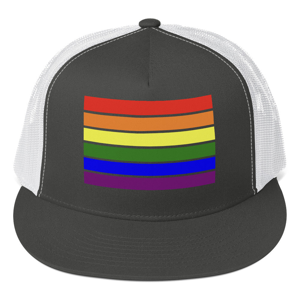 LGBTQ Pride Flag Trucker Cap Charcoal White Pride 5-panel-trucker-cap-charcoal-white-front-66b25e952d144