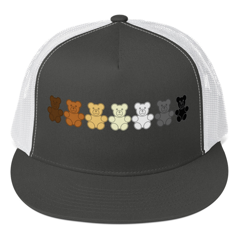 Gay Bear Gummy Bear Trucker Cap Charcoal White Gay 5-panel-trucker-cap-charcoal-white-front-66b25ee3d889b