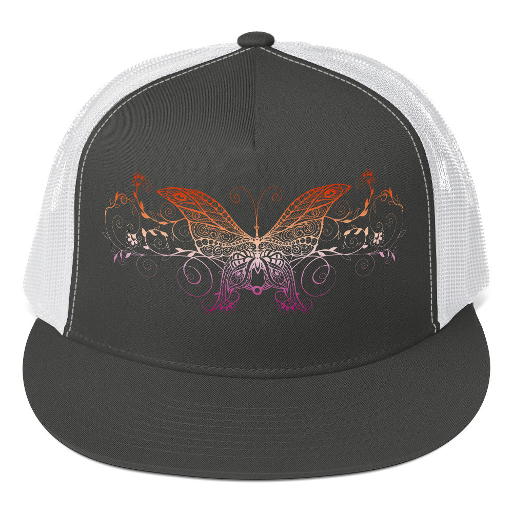 Lesbian Butterfly Trucker Cap Charcoal White Lesbian 5-panel-trucker-cap-charcoal-white-front-66b25f6cb35ef