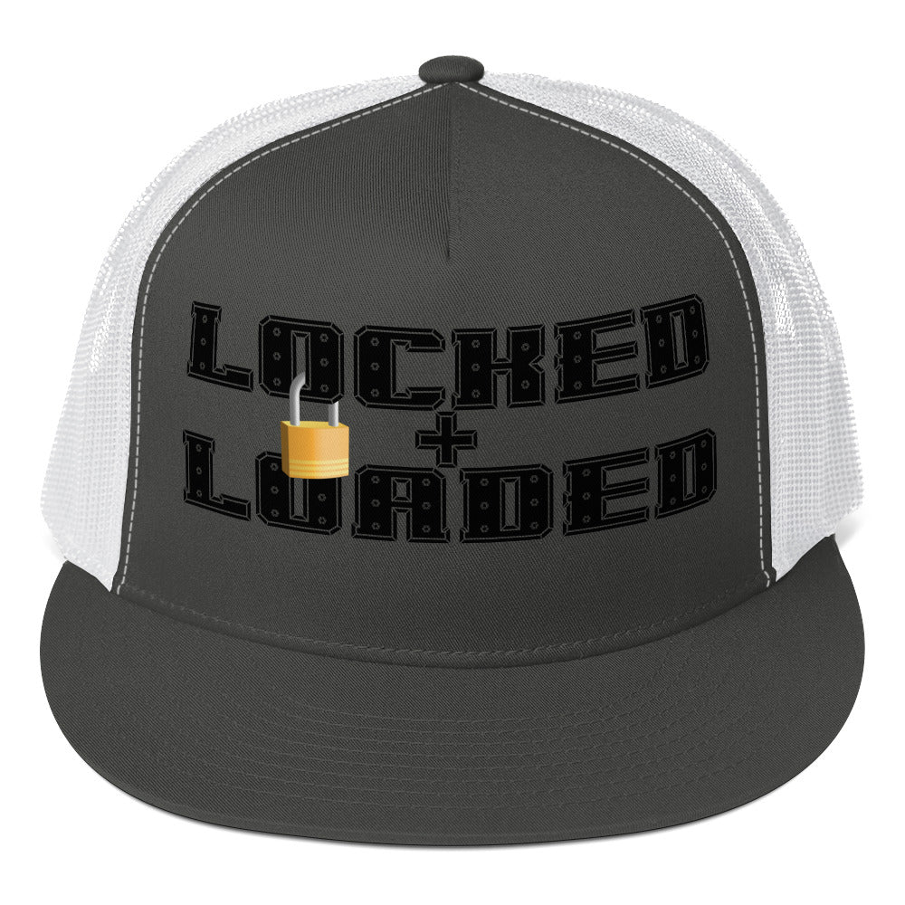 Locked and Loaded Trucker Cap Charcoal White 5-panel-trucker-cap-charcoal-white-front-66b26212f21f3