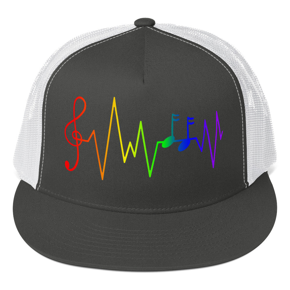 Rainbow Music Notes Trucker Cap Charcoal White Pride 5-panel-trucker-cap-charcoal-white-front-66b26258b532e