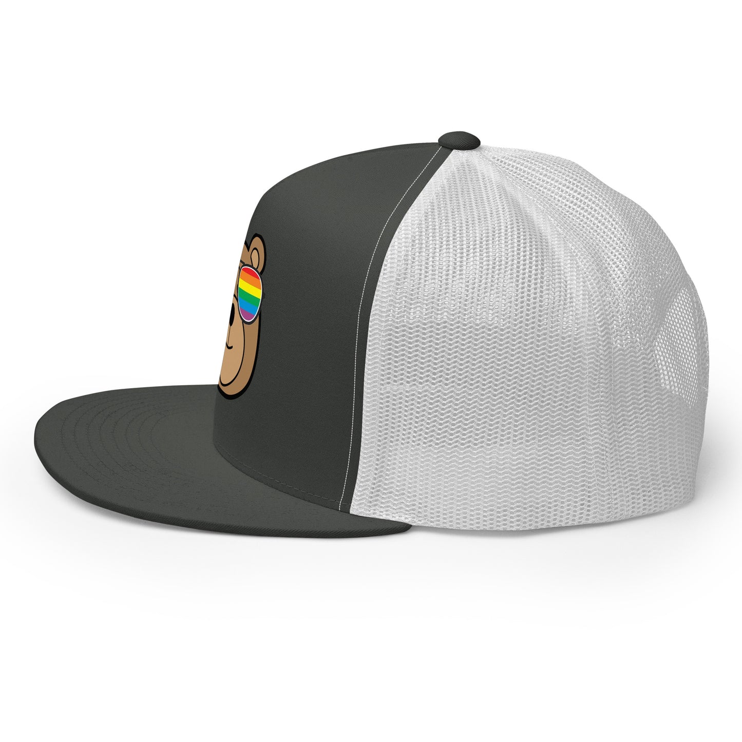 Gay Bear with Rainbow Sunglasses Trucker Baseball Cap Hat 5-panel-trucker-cap-charcoal-white-left-66aeb9806330a